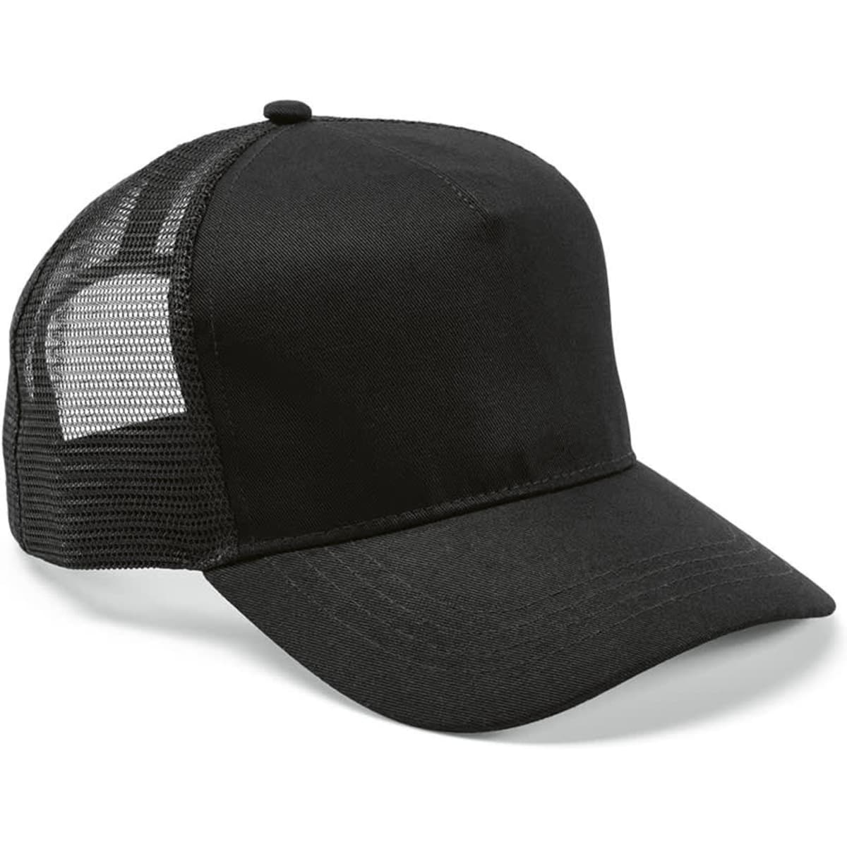 A black cap featuring a mesh back, five panels, and a snap closure. It includes branding on the front.