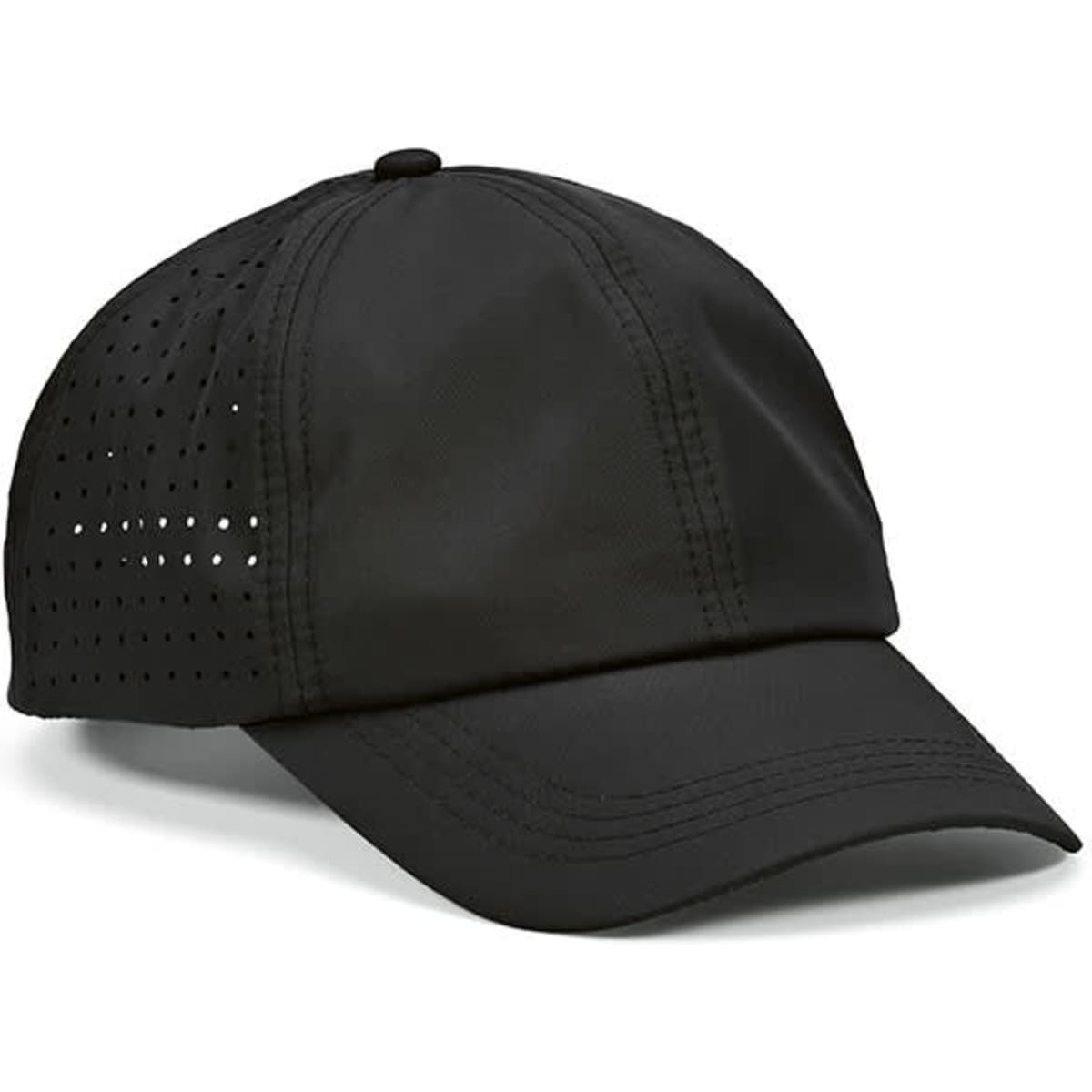 A black six-panel cap with perforated detailing and a Velcro closure. It features a logo on the front.