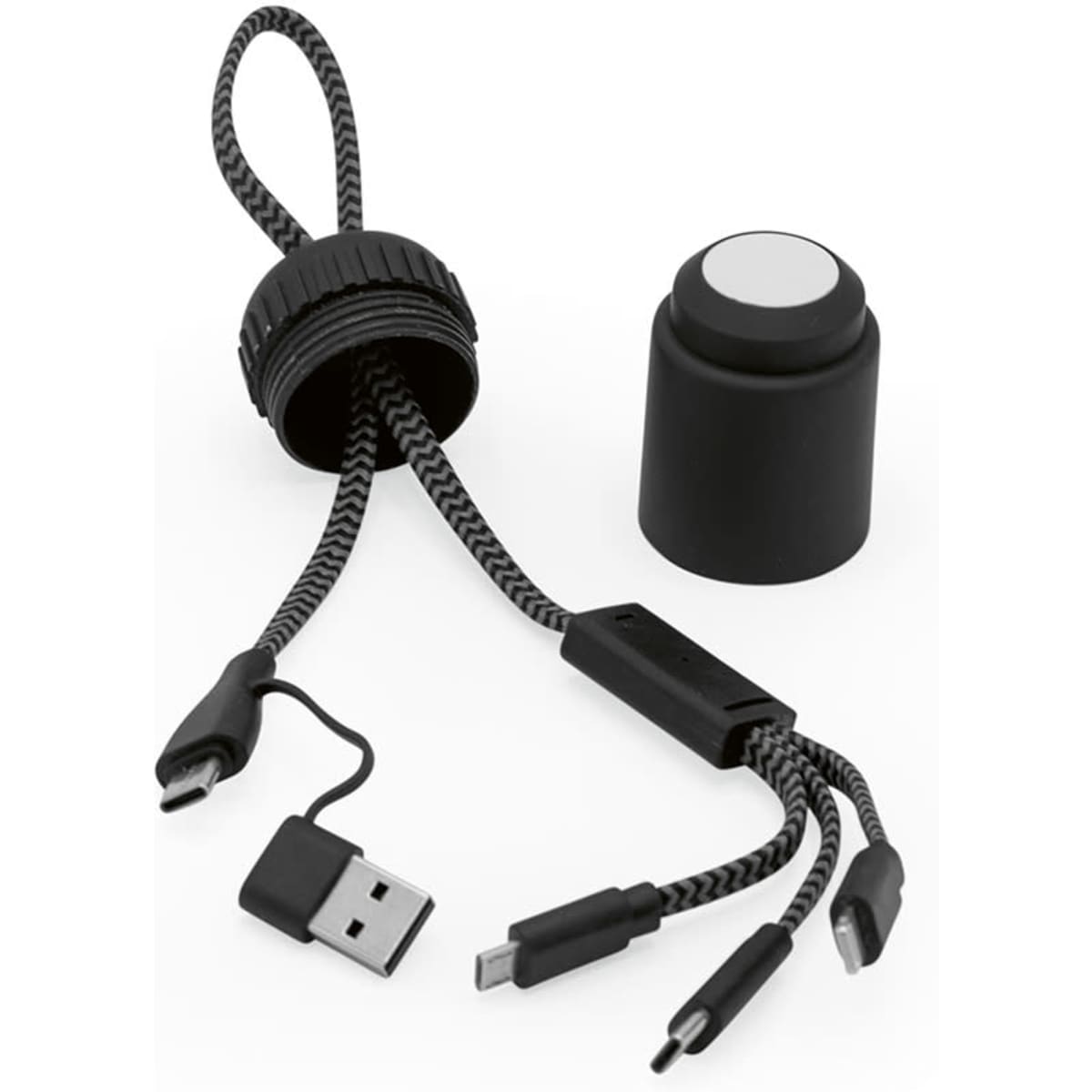 A black 5-in-1 charging cable with various connectors, coiled around a cylindrical holder.