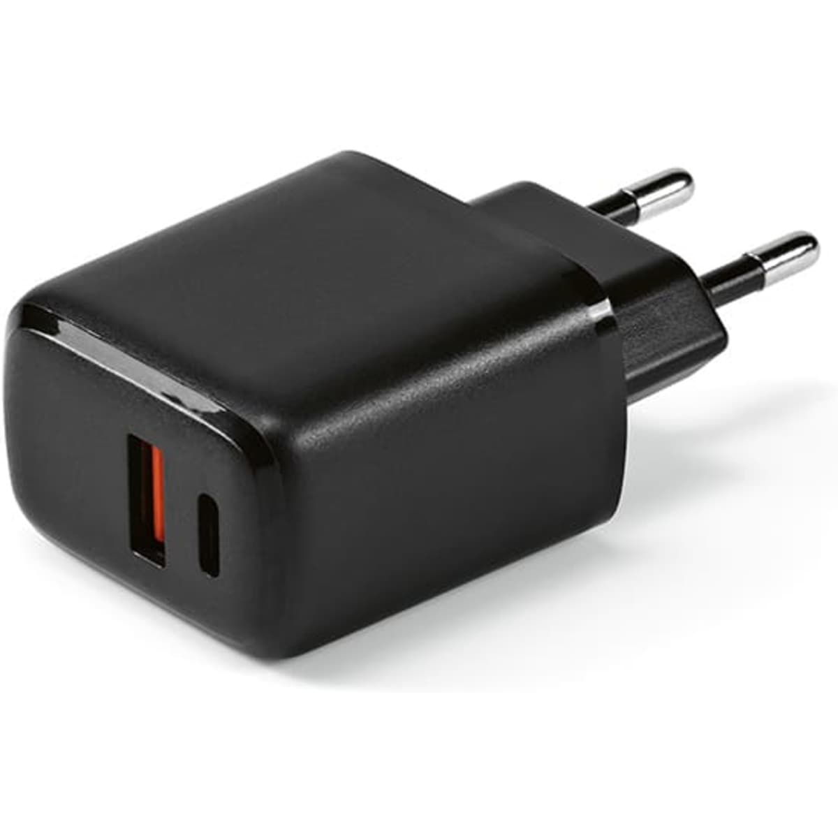 A black wall charger with USB-C and USB-A ports, featuring a two-prong plug and a small logo on the side.