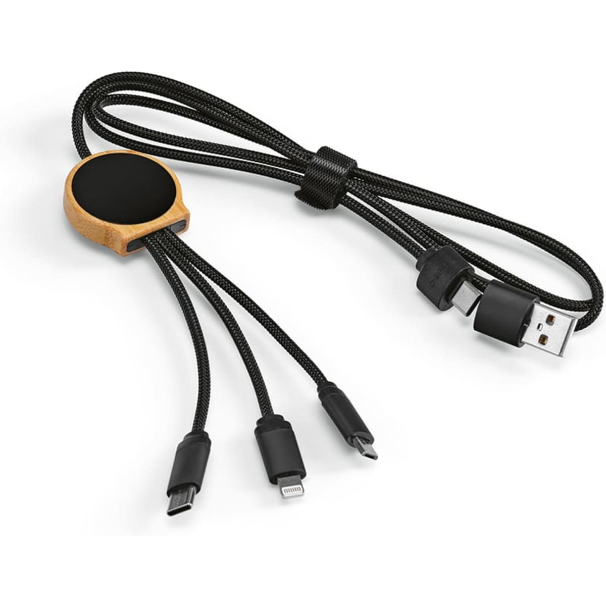 A 5-in-1 charging cable featuring a bamboo connector and a black braided design, with three attachment types.