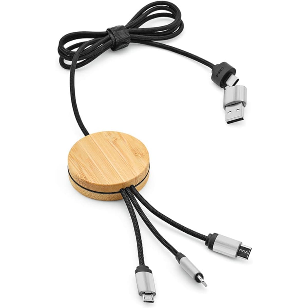 A bamboo and rPET 5-in-1 charging cable with three connectors and a black cord. Features a branded logo.