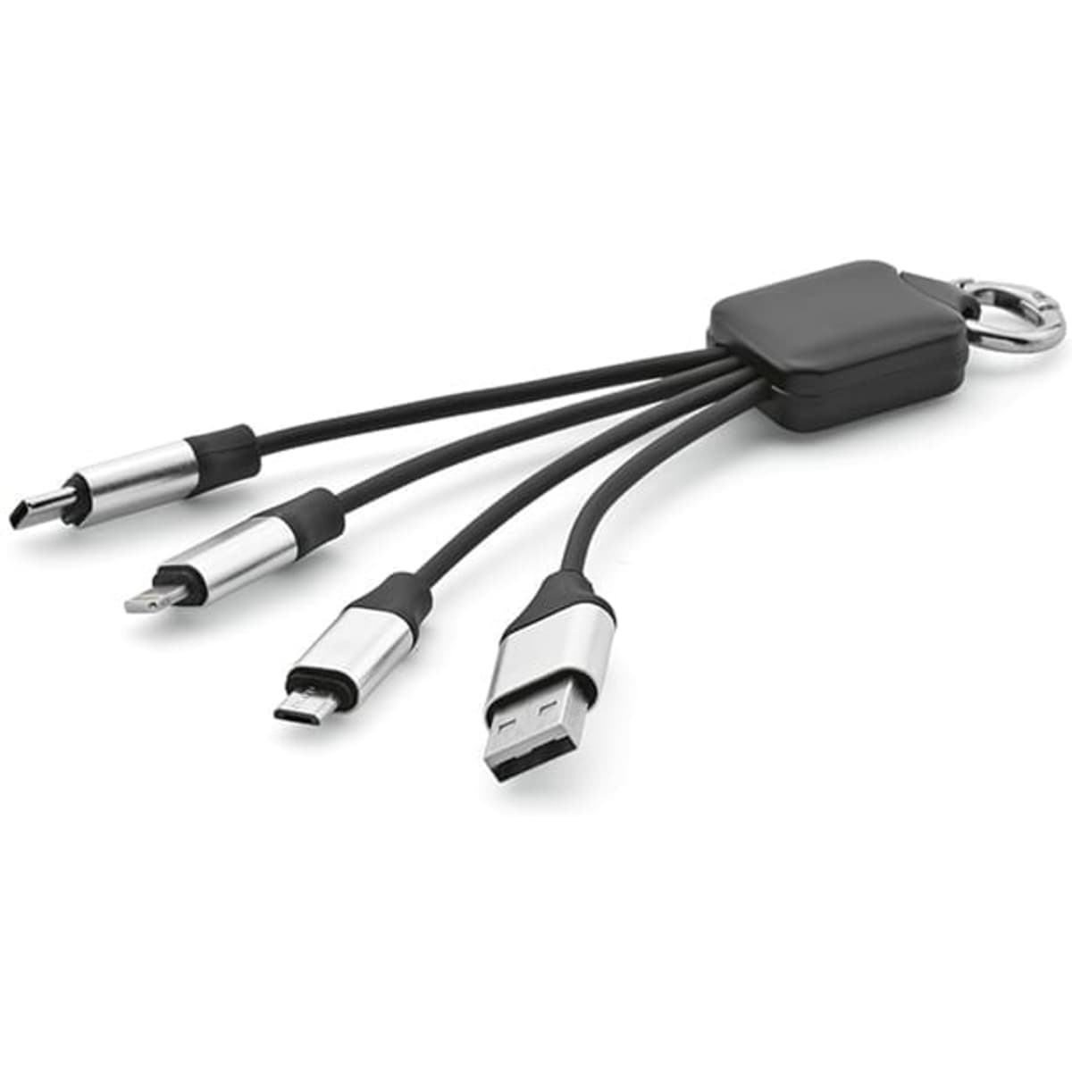 A black 4-in-1 charging cable with a keyring loop and metallic accents, featuring multiple connector types.