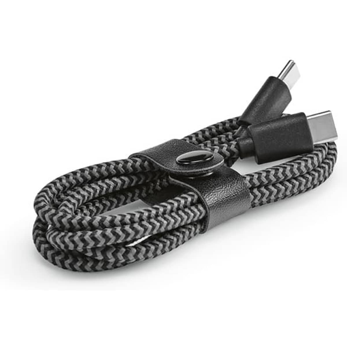 A braided black and grey USB-C to USB-C cable, secured with a leather strap, featuring two connectors.