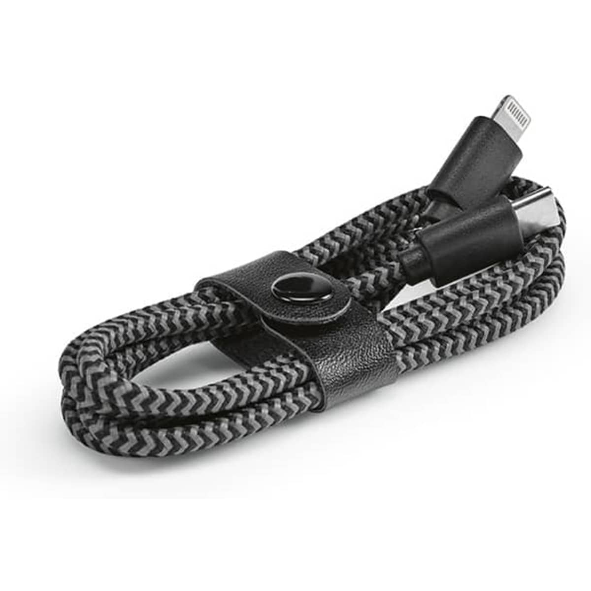 A black and grey braided USB-C to Lightning charging cable with a leather strap for organisation.