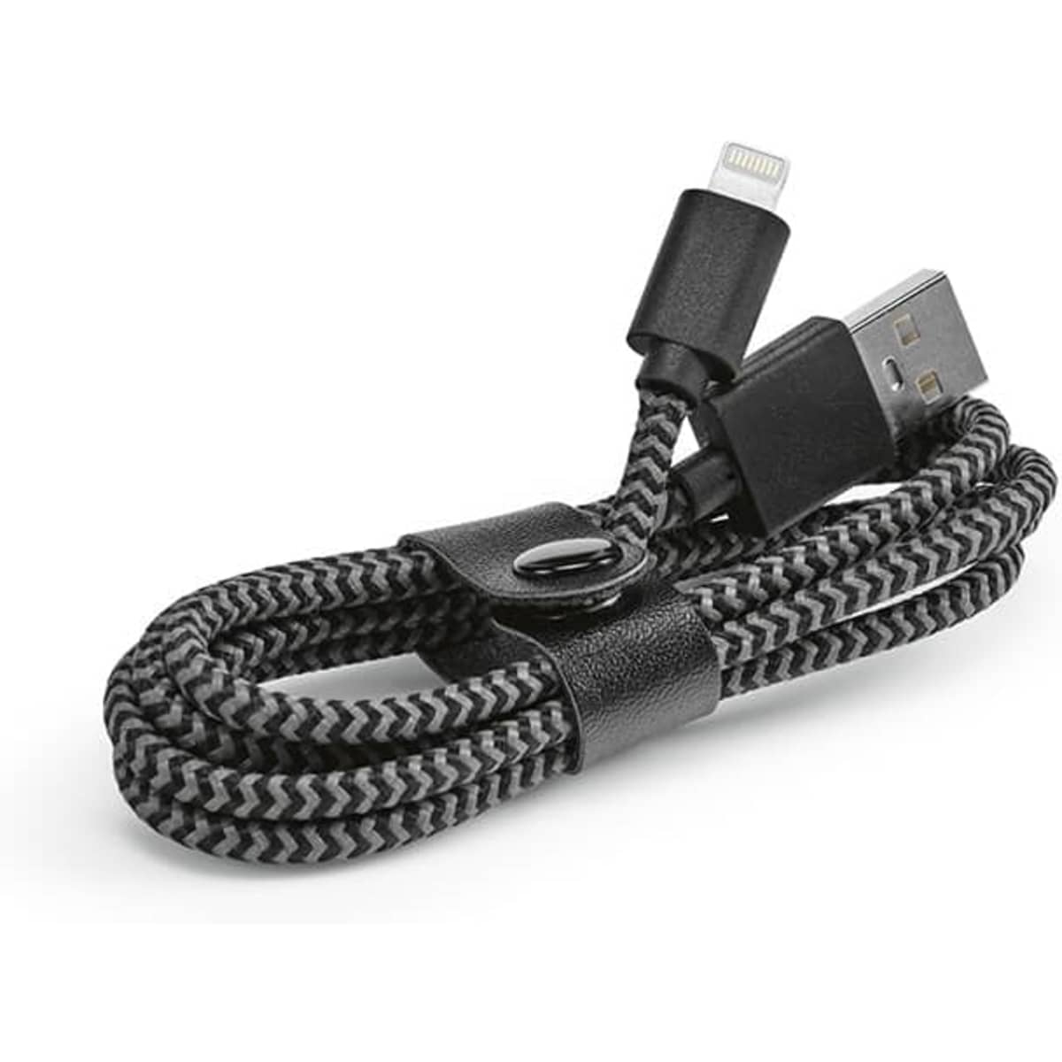 A braided USB-A to Lightning cable in black and grey, secured with a black leather strap.