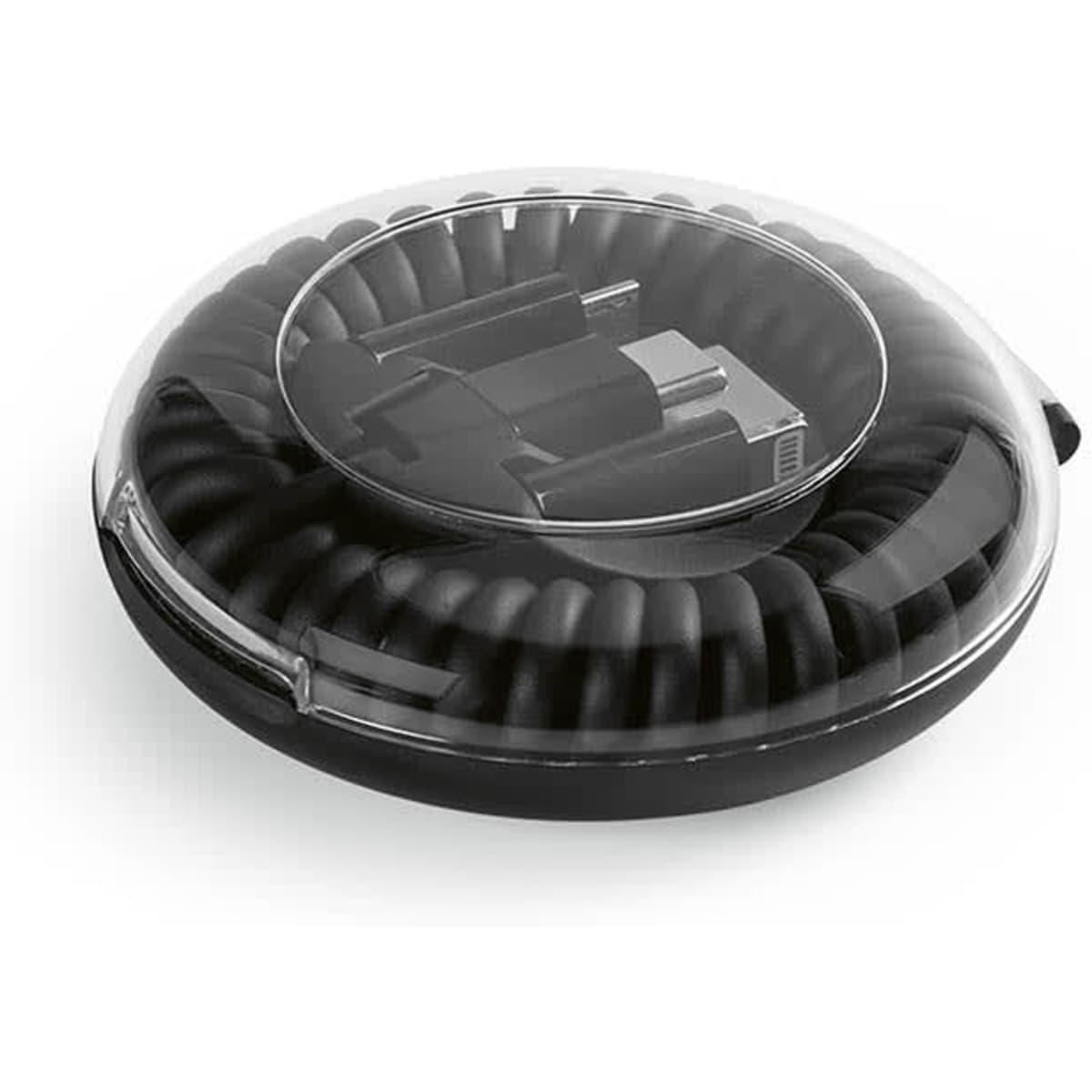 A black, coiled charging cable in a transparent organiser with a circular design. It includes multiple connectors.