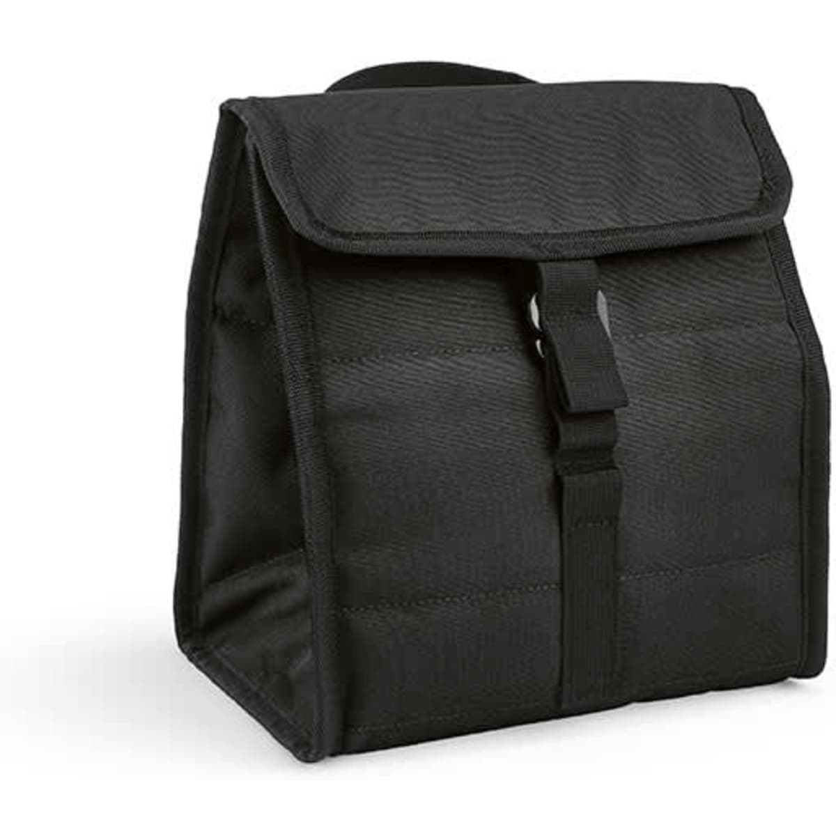 A black insulated cooler bag featuring a roll top closure and a metal G hook. It has a sturdy structure and a simple design.