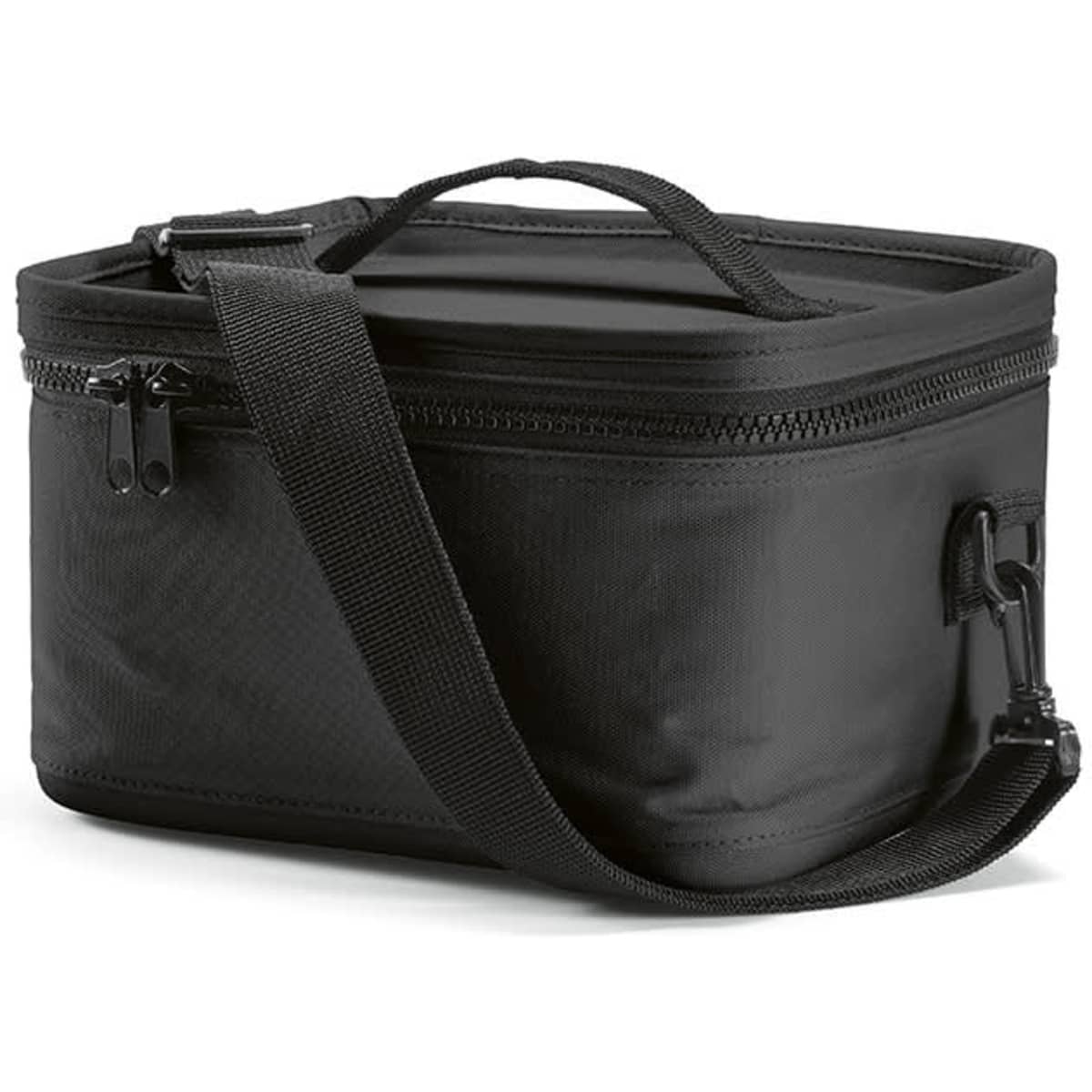 A black insulated cooler bag with a handle and adjustable strap, featuring thermo-injected zippers.