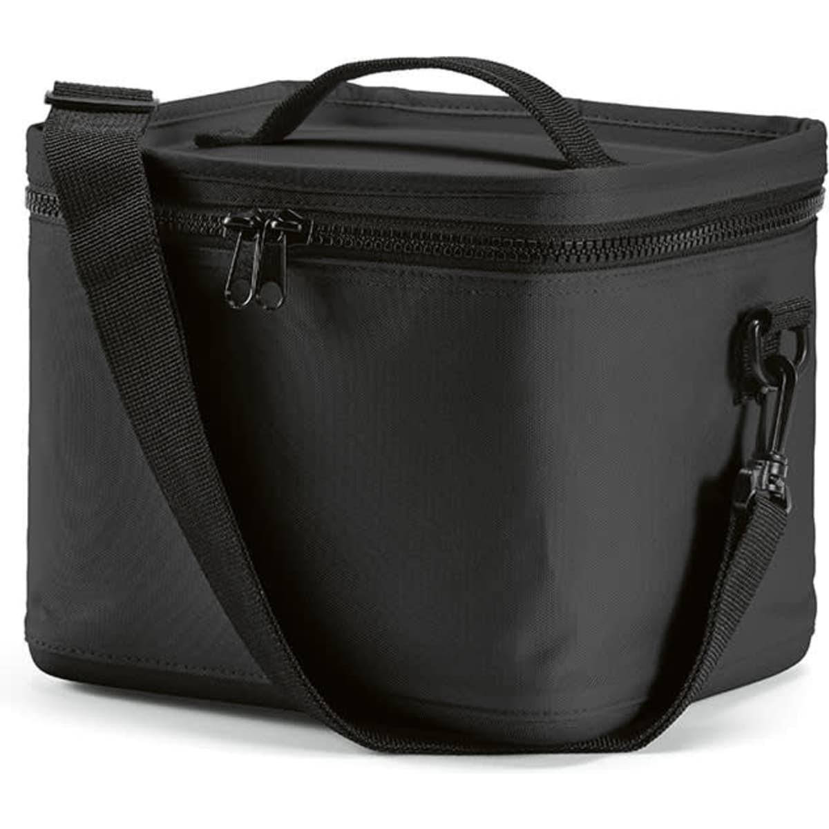 A black cooler bag with a zippered top, carrying handle, and adjustable shoulder strap. Contains a logo on the front.