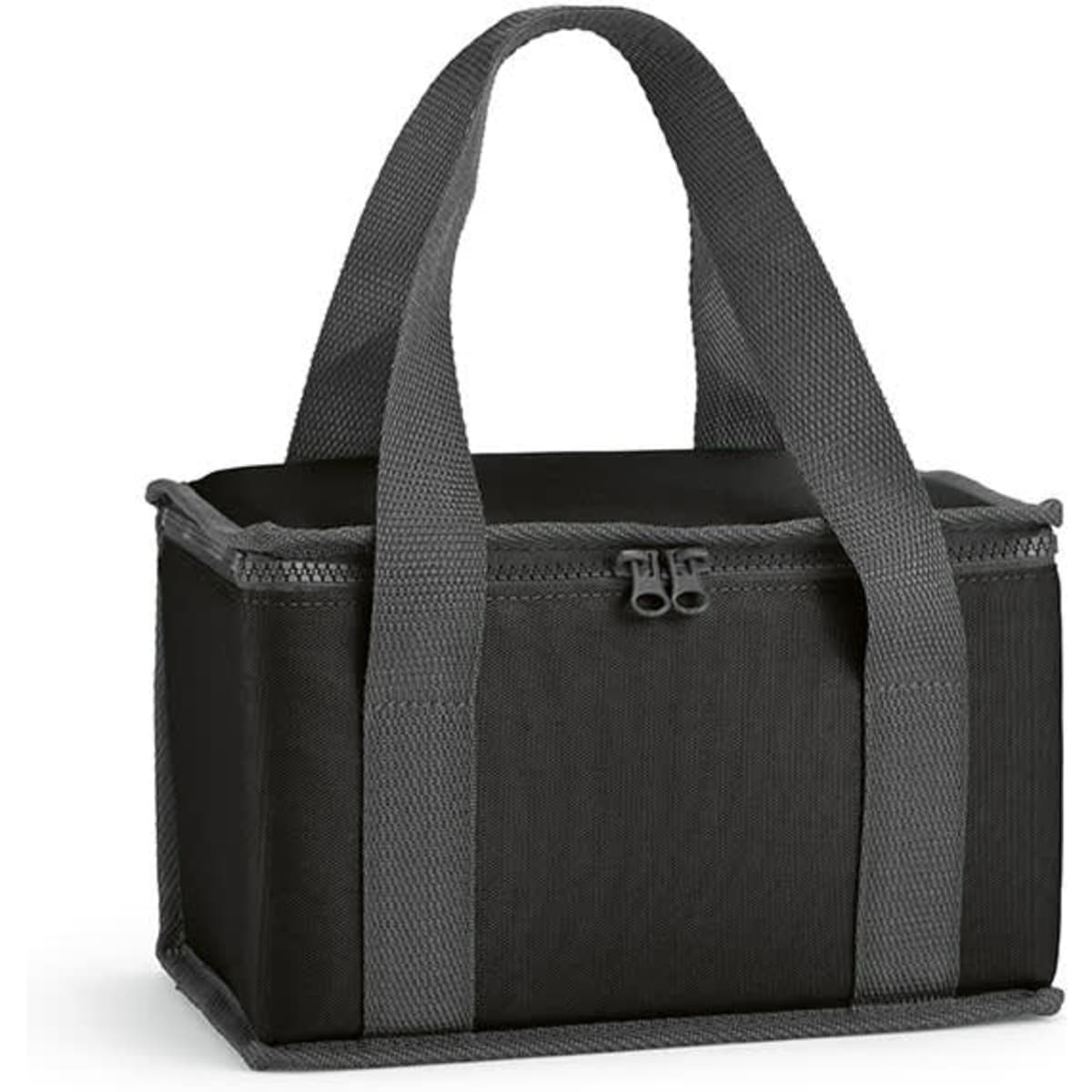 A cooler bag in black with grey handles and thermo-injected zippers, featuring a structured design.