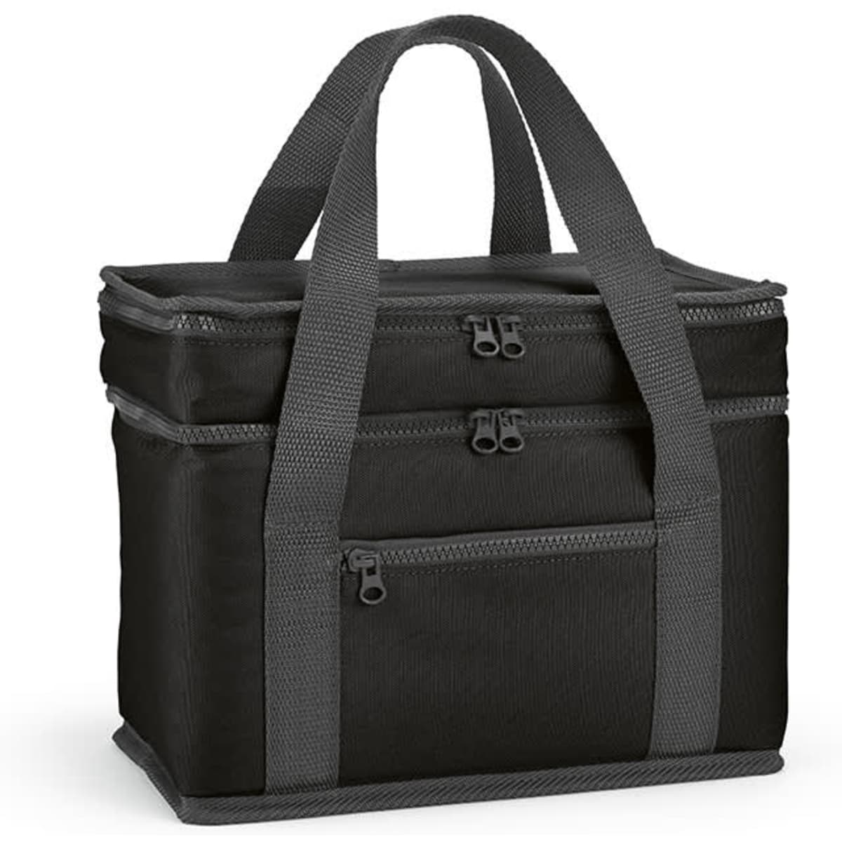 A cooler bag in black with two compartments and a front pocket, featuring sturdy handles.