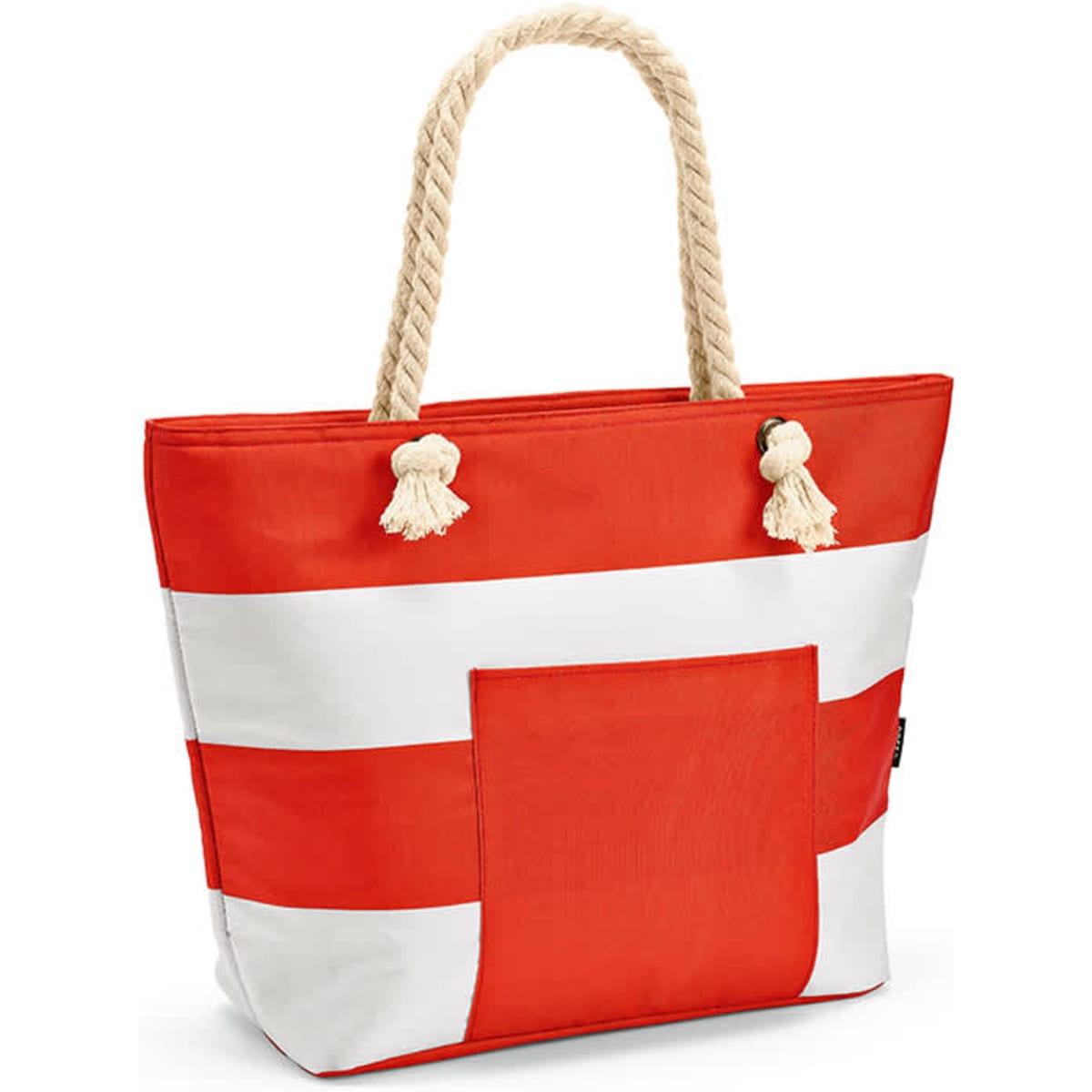 A large red and white striped tote bag with rope handles, featuring a front pocket. It has a branding logo.