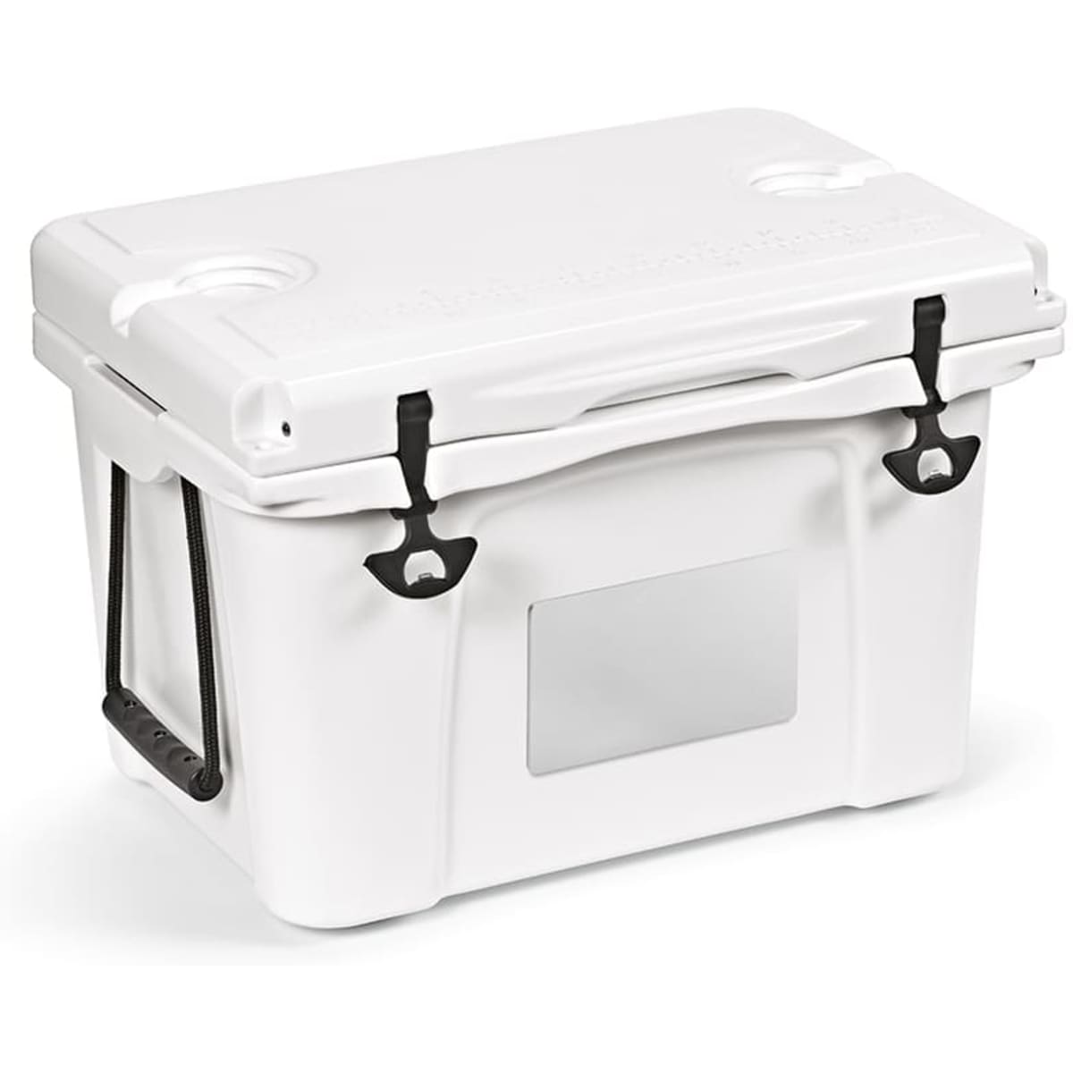 A white 35L cooler with a lid, carrying handle, and black latches, featuring a spot for a customisable metal plate.