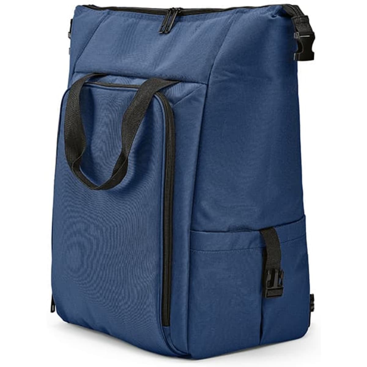 A navy cooler bag with a front pocket and two side pockets, featuring both handles and zippers. It has a logo.