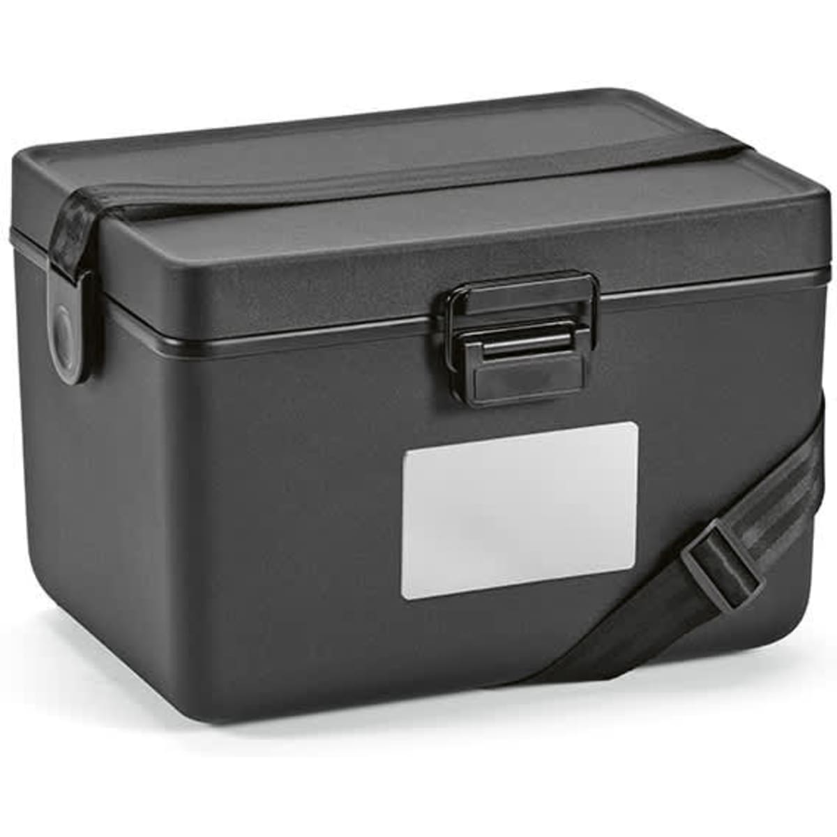 A cooler with a black exterior and a shoulder strap, featuring a secure lid and a label area.