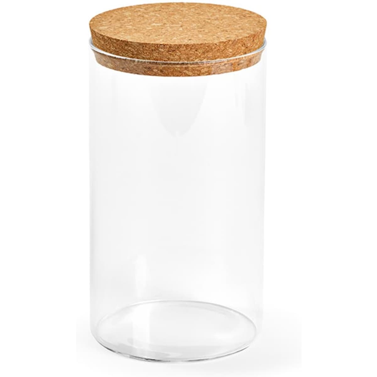 A clear borosilicate glass canister with a cork lid, holding 1015ml capacity. No visible branding.