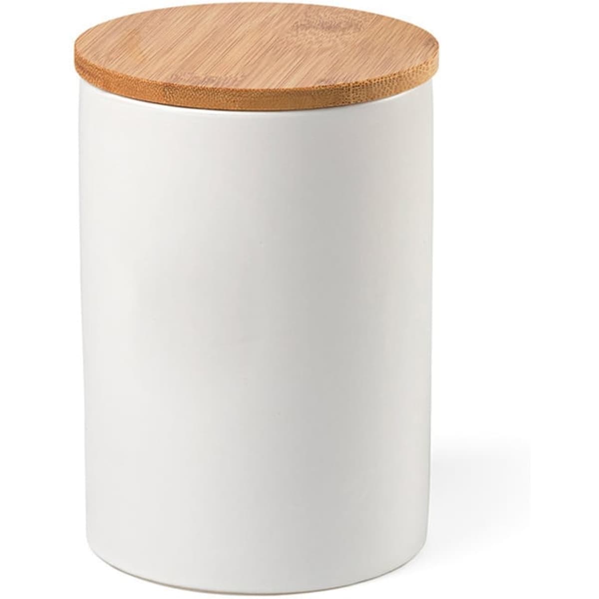 A white ceramic canister with a bamboo lid, featuring a sleek, cylindrical design.