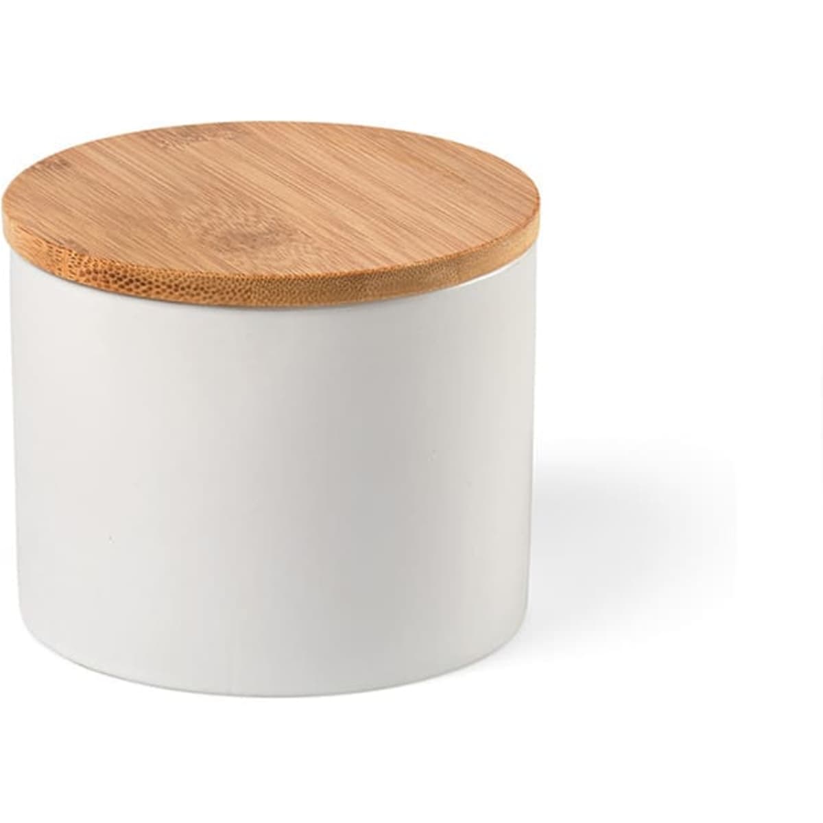 A canister featuring a white ceramic body and a bamboo lid, holding 525ml. Includes branding detail.