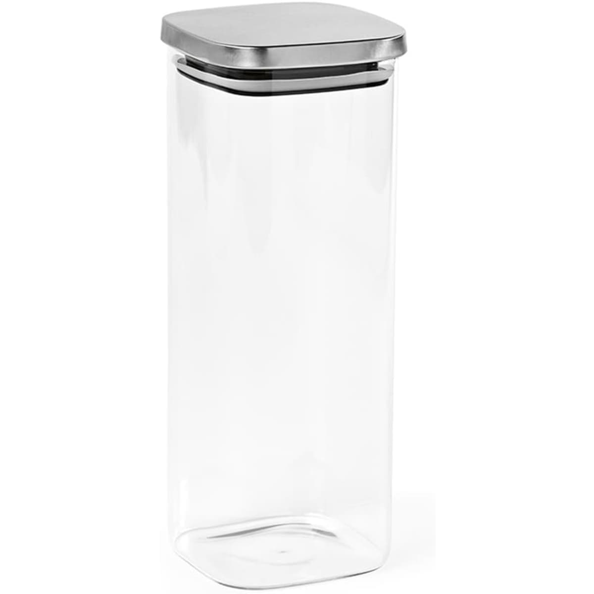 A canister made of clear borosilicate glass with a stainless steel lid, 2130ml capacity. It features a sleek design and a logo.