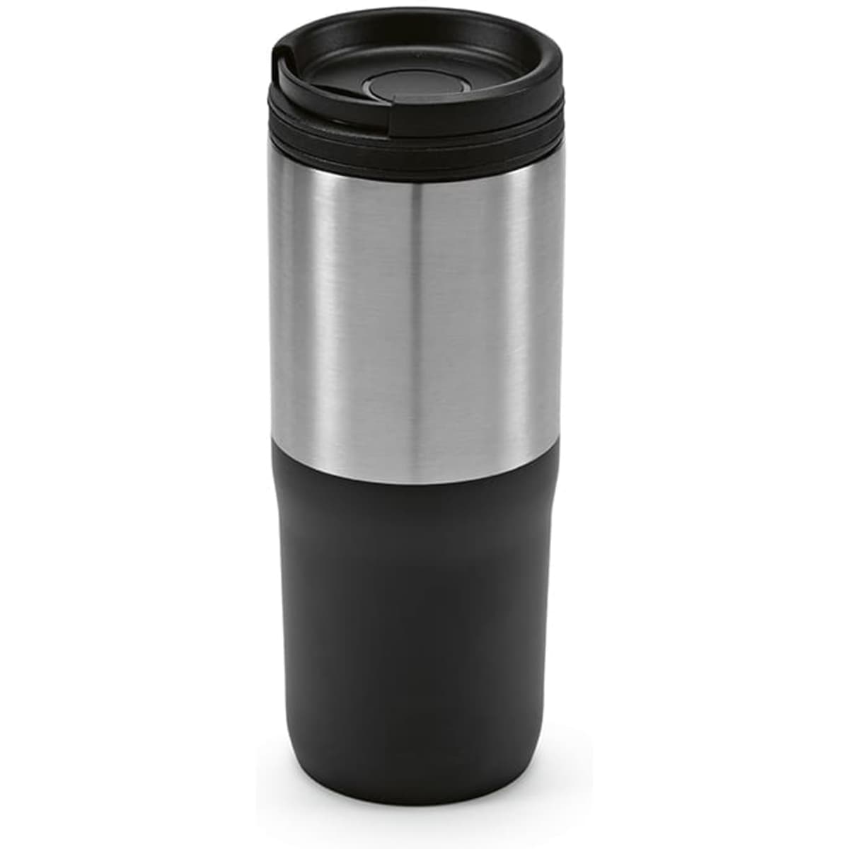 A drink bottle with a stainless steel upper section and a black matte lower section, featuring a black lid.