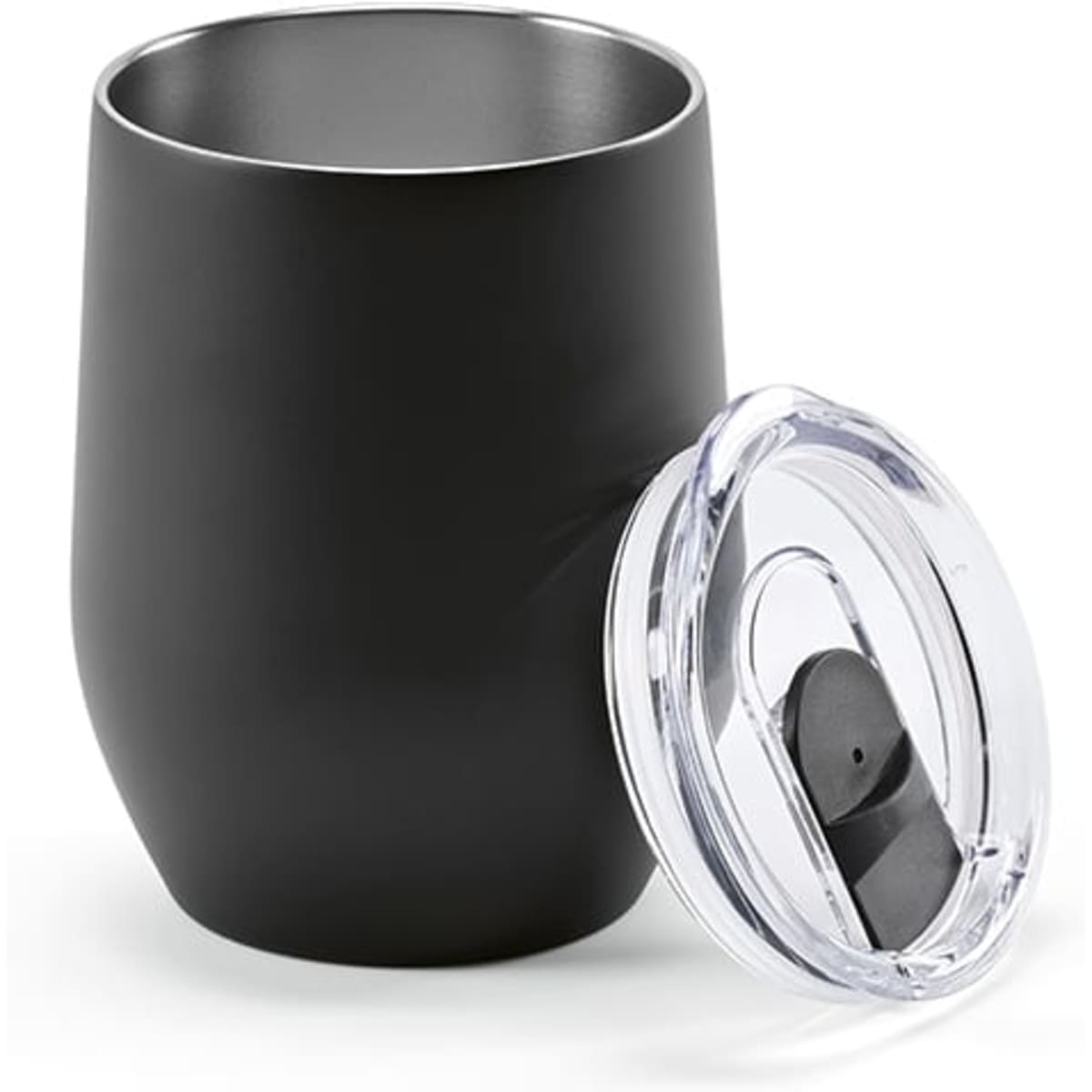 A drink bottle in matte black finish with a clear lid, featuring a double wall design. It includes a branding logo.