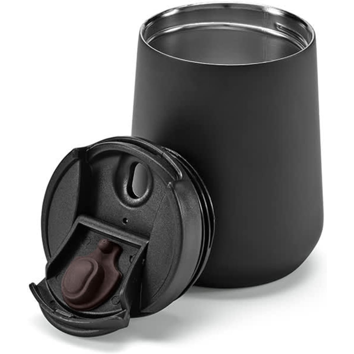 A drink bottle in matte black with a double-wall design and a leakproof lid, featuring a logo on the side.
