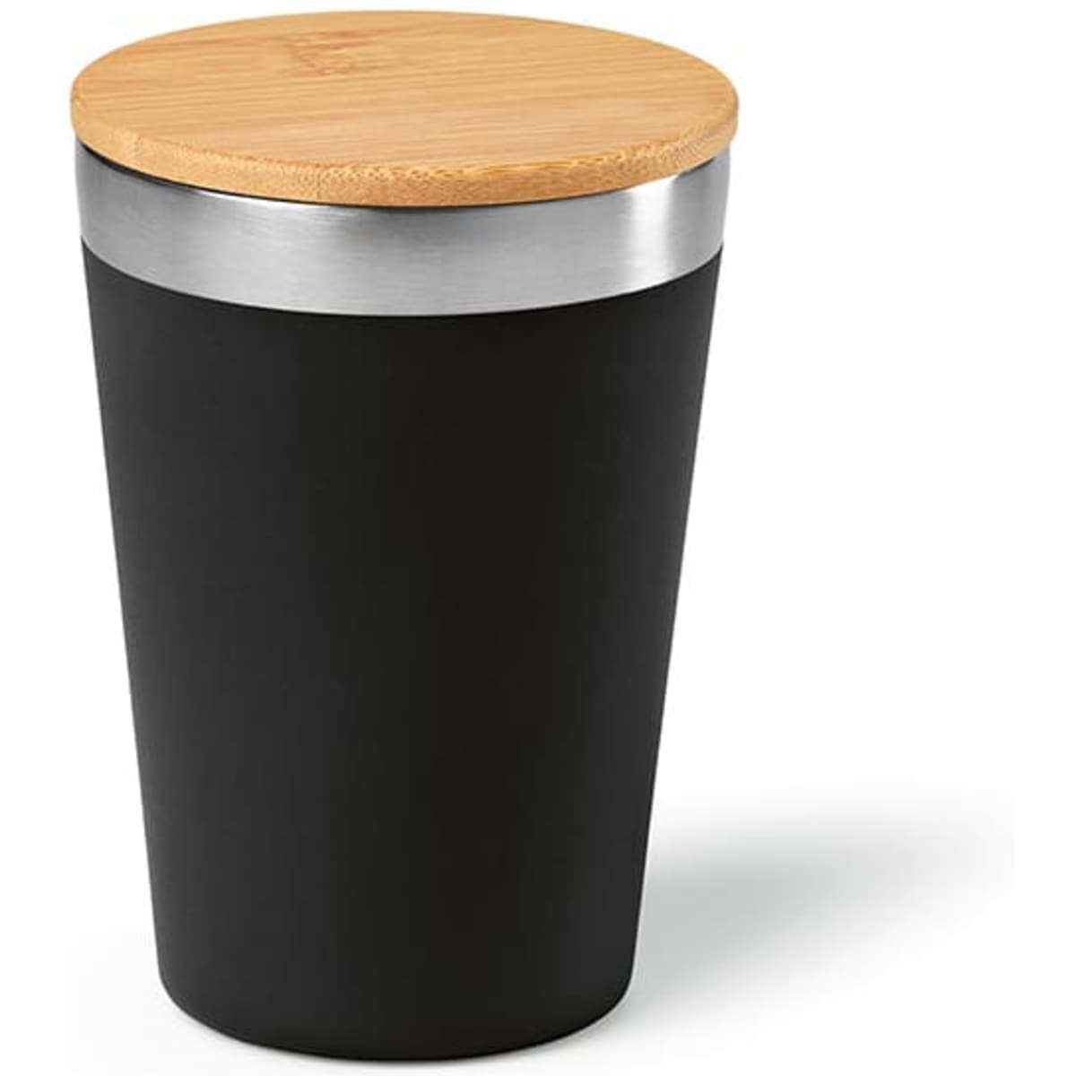 A drink bottle with a matte black body and a bamboo lid, featuring a stainless steel rim. Holds 400ml.