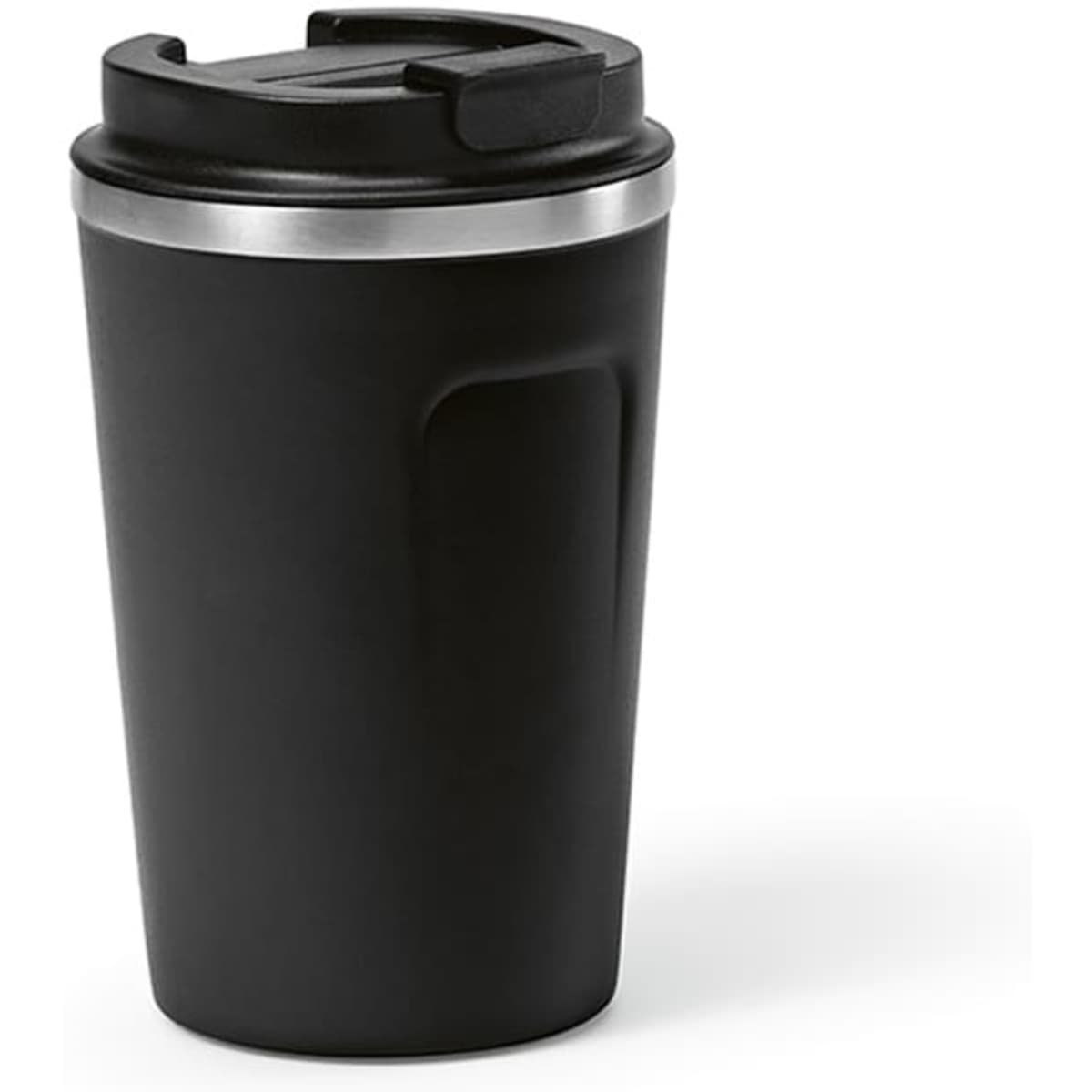 A drink bottle in a sleek black design, featuring a double wall and leakproof lid. It has a logo on the surface.