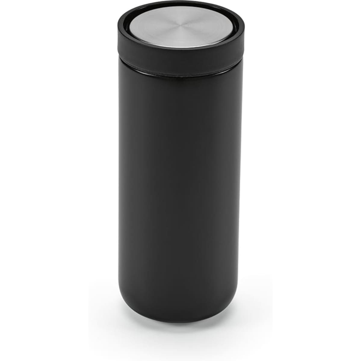 A drink bottle featuring a sleek black design, double wall construction, and a 360º push lid. It includes a logo.