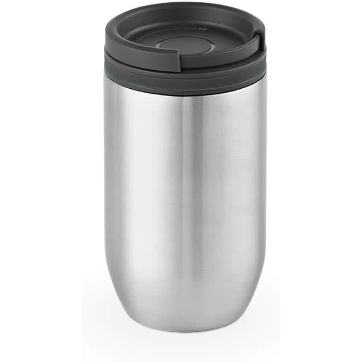 A drink bottle with a sleek stainless steel finish, featuring a black leakproof lid and a branding logo.