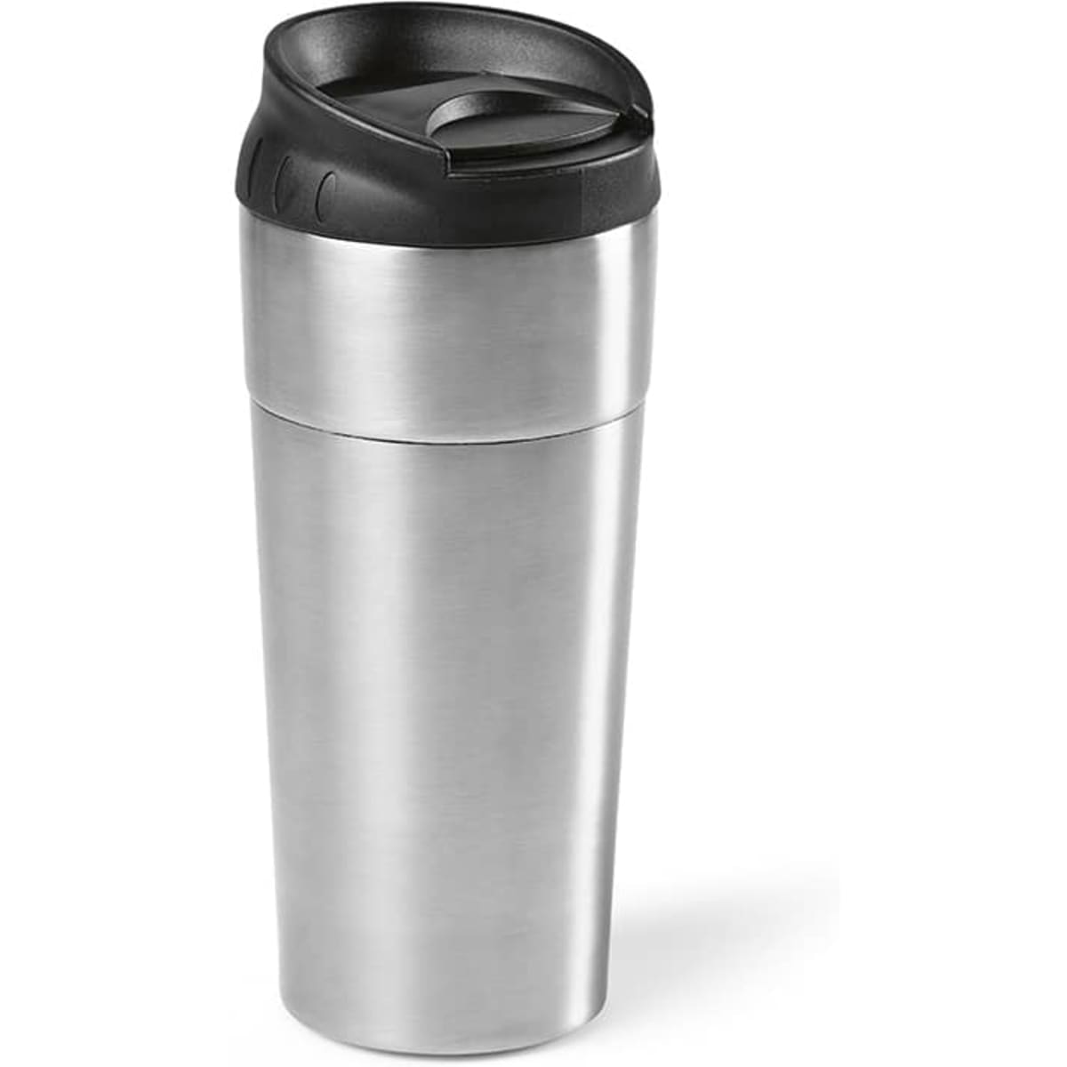 A drink bottle featuring a stainless steel body and a black sliding lid, with a sleek design.