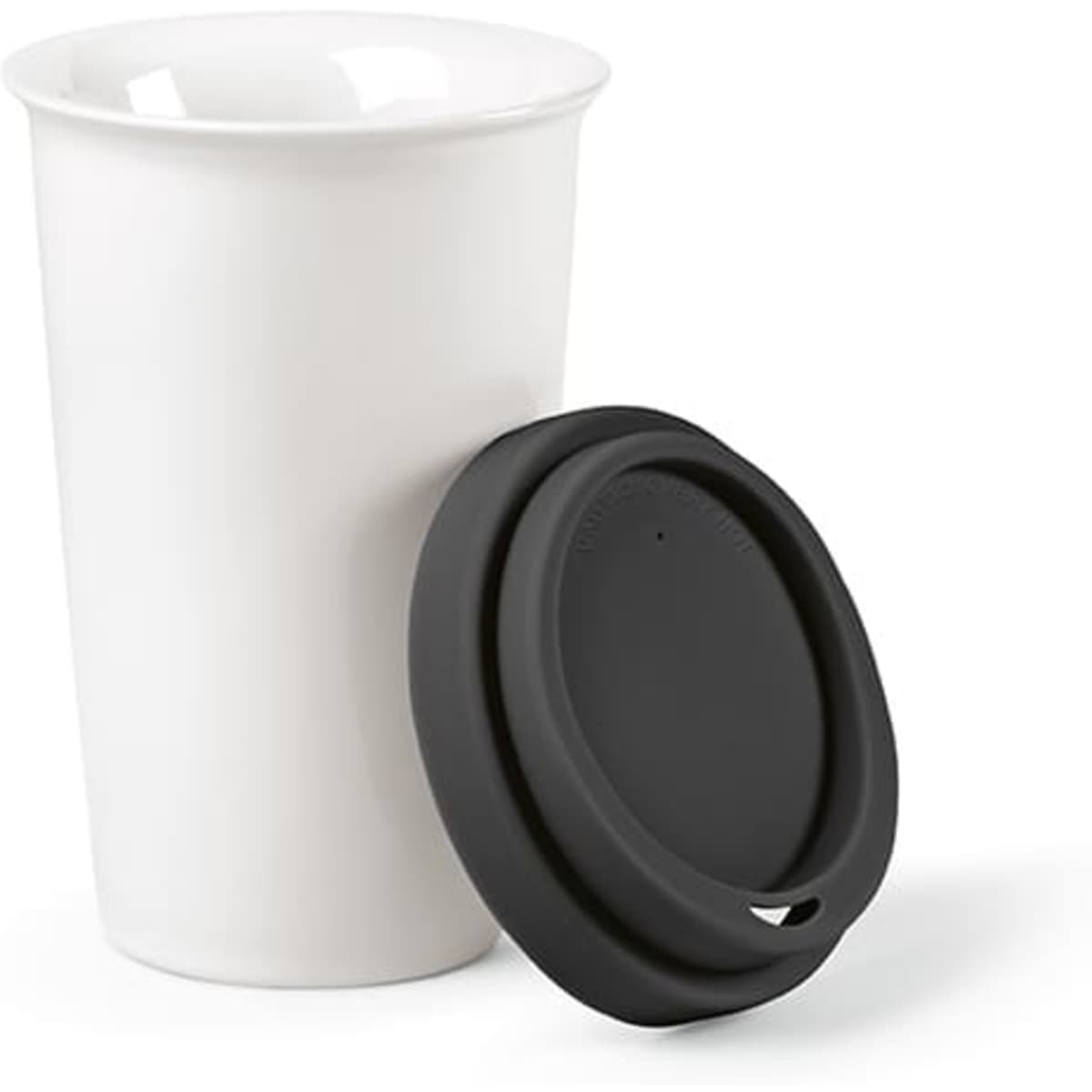 A drink bottle featuring a white ceramic cup and a black silicone lid. It has a double-wall design.