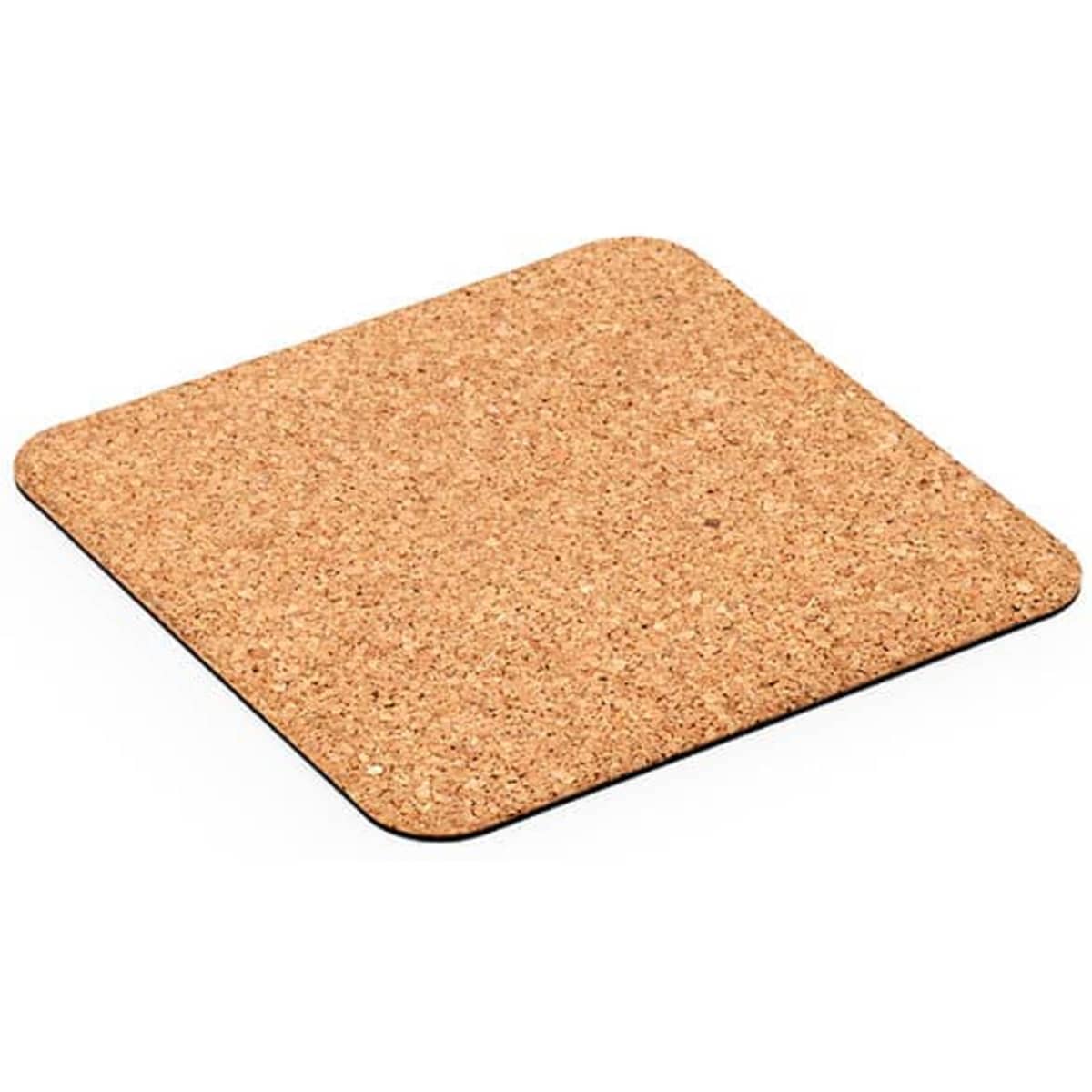 A square cork mouse pad in a natural beige colour with rounded corners and a solid black backing.