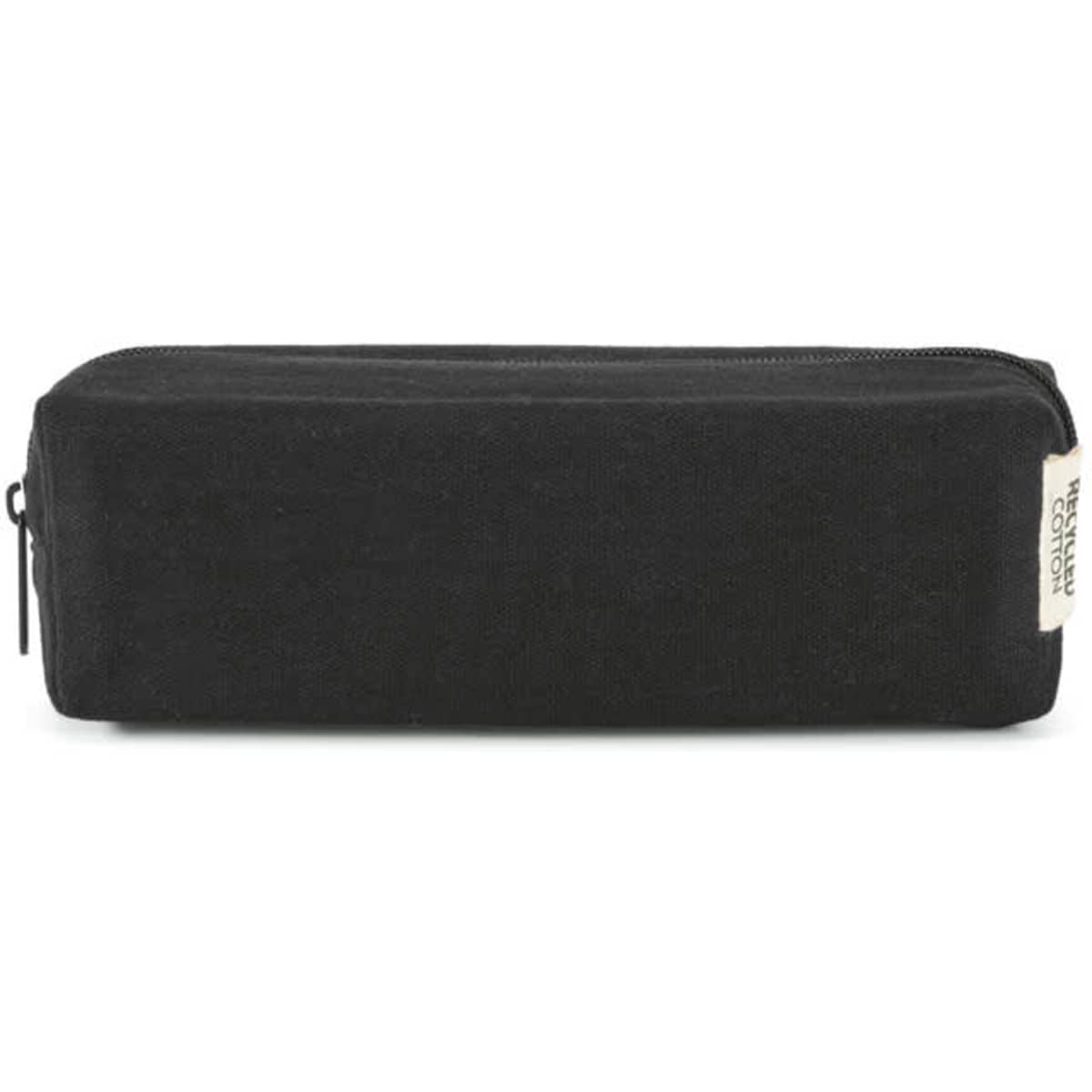 A black multi-purpose case with a zip closure, made from 270gsm cotton, featuring a logo.