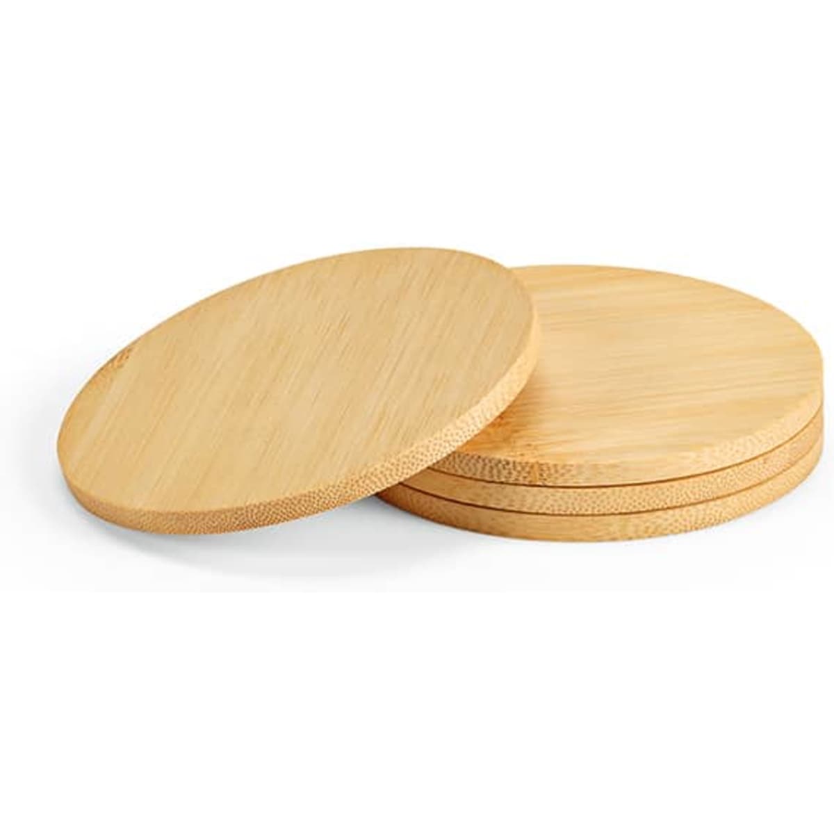 A set of four round bamboo coasters stacked together, showcasing their natural wood colour.