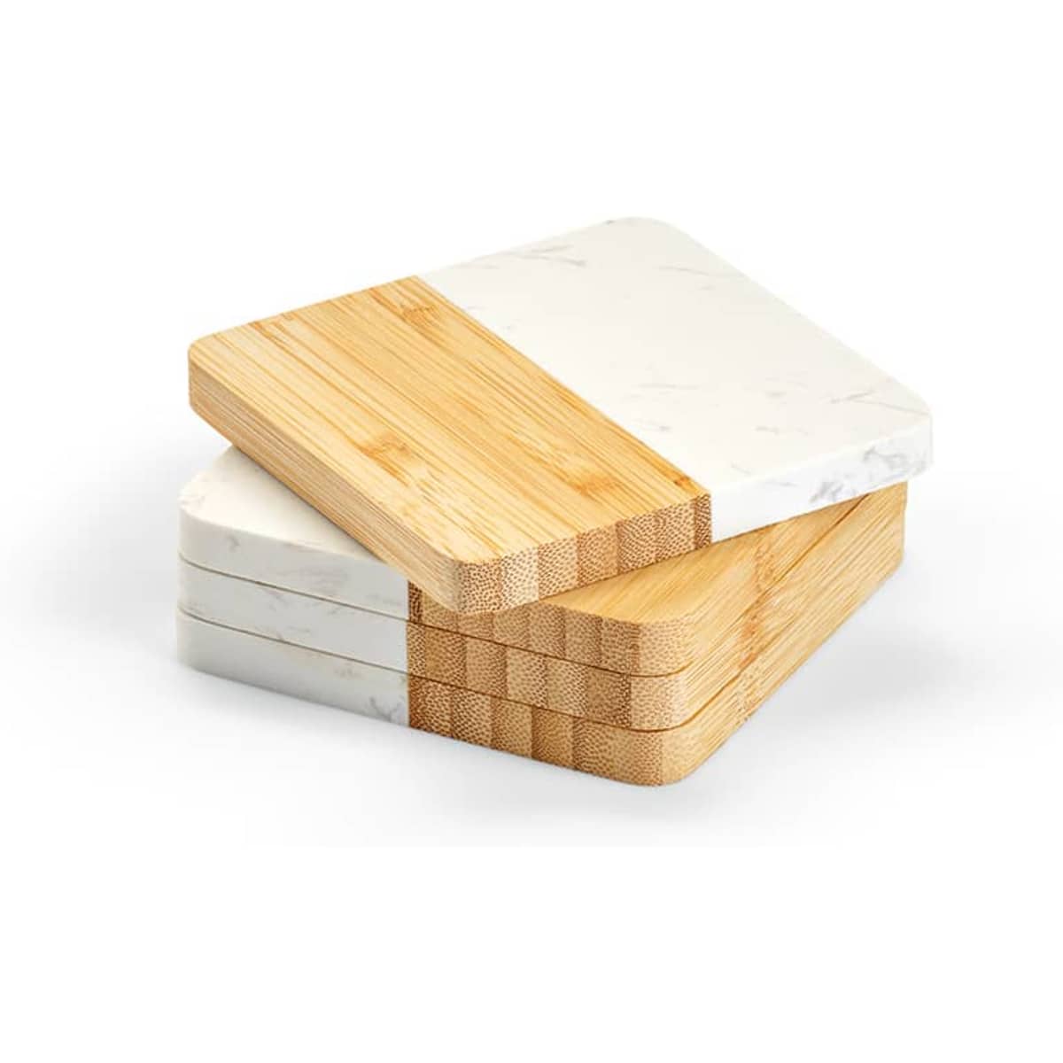 A set of four coasters featuring marble and bamboo, showcasing a mix of white and natural wood tones.