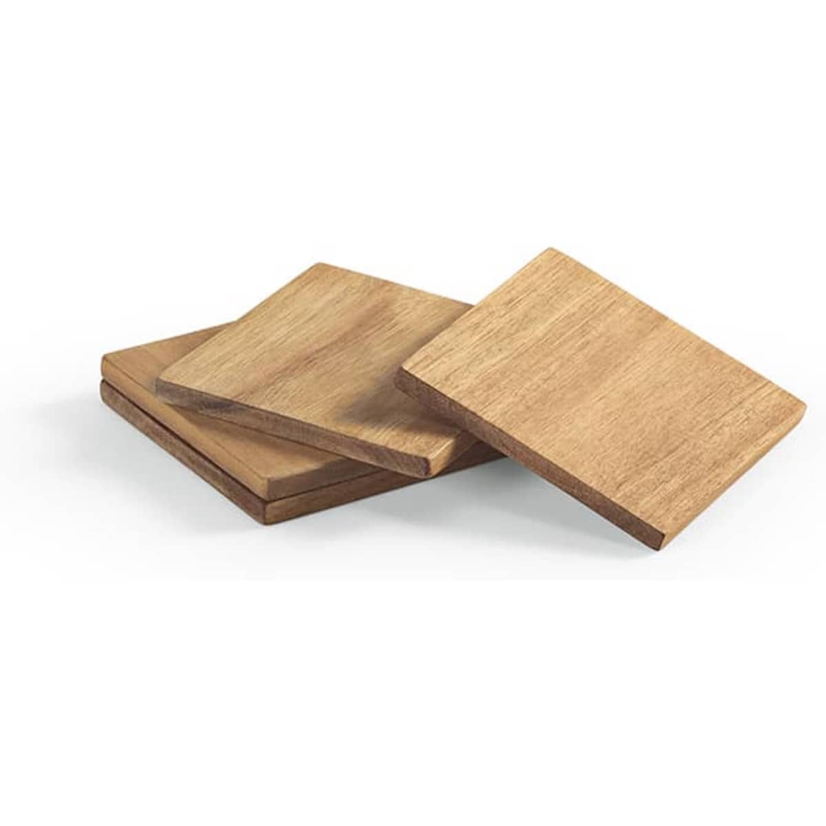 A set of four acacia wood coasters in a natural finish, stacked and arranged neatly.