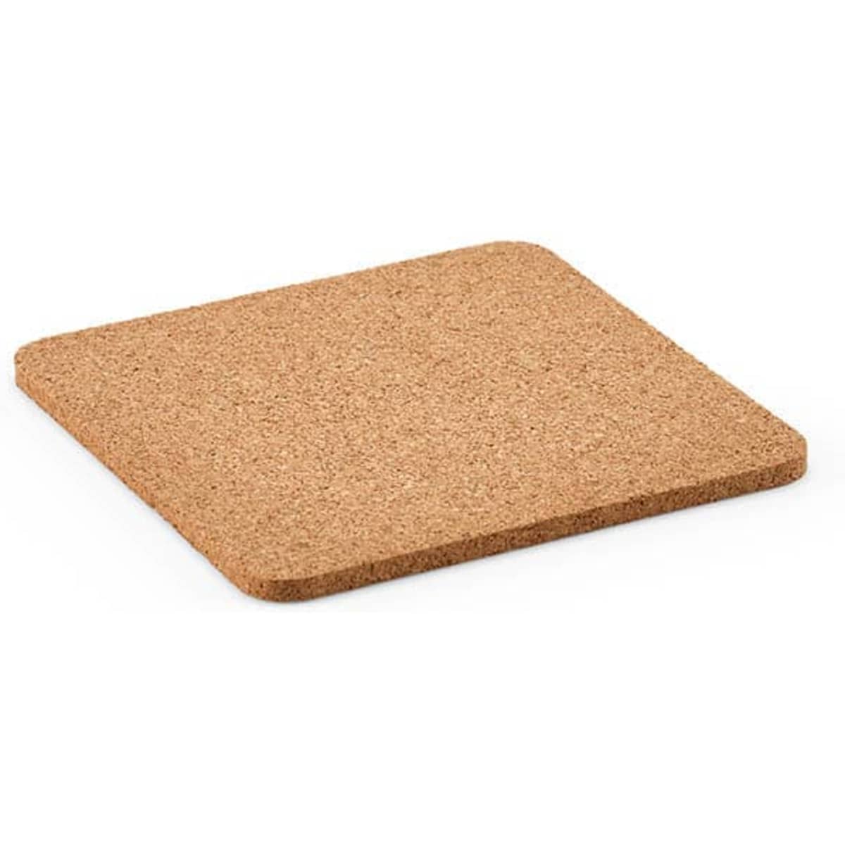 A square cork coaster in a natural brown colour, featuring rounded edges and a textured surface.