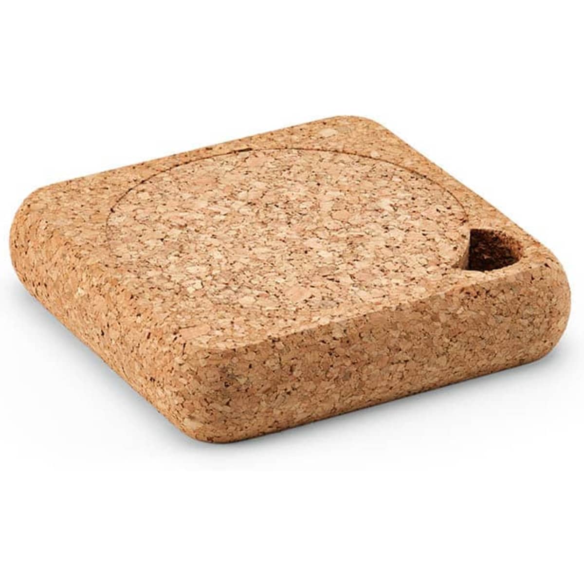 A square cork coaster with rounded edges and a small notch, showcasing its natural cork colour and texture.