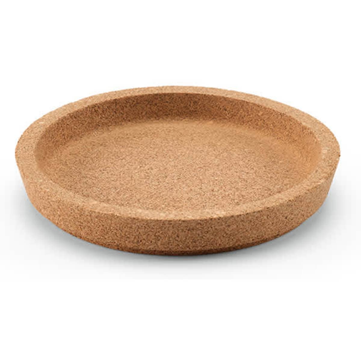 A round cork coaster with a rim, featuring a natural brown hue. It has a simple design and a smooth surface.
