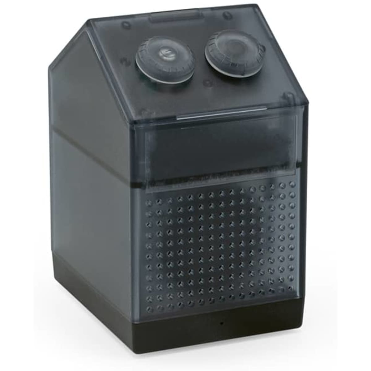 A dark grey, compact device resembling a house with two dials on top and a perforated front. It has a logo.