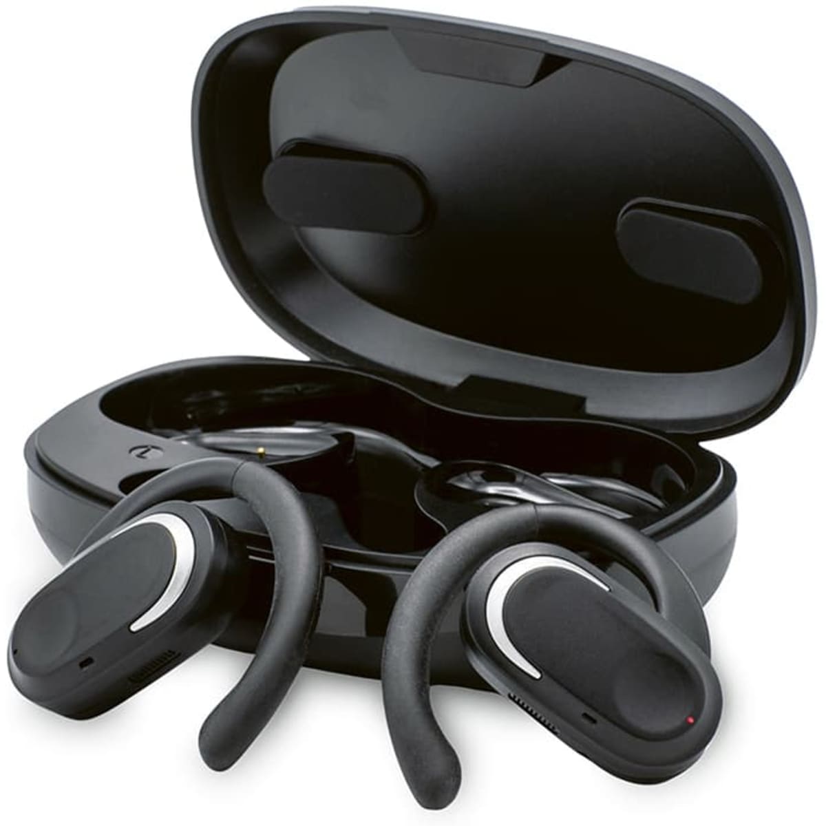 Aerotunes earbuds in a black charging case, featuring an open ear design and hooks for secure fit.