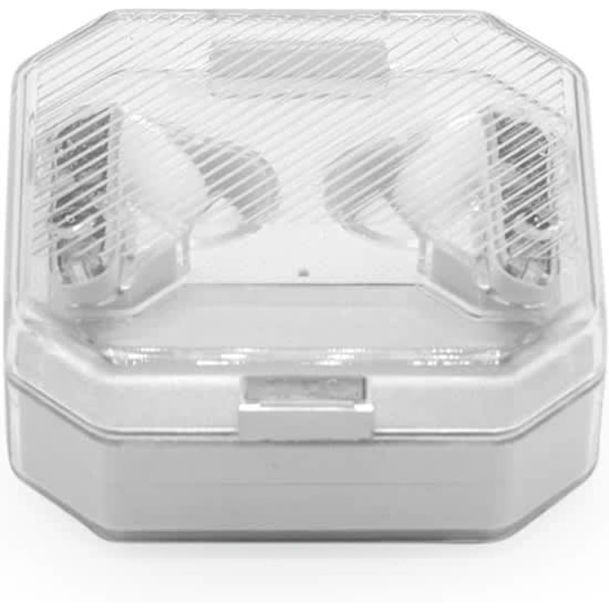 A pair of white earbuds inside a transparent charging case, featuring a logo on the case.