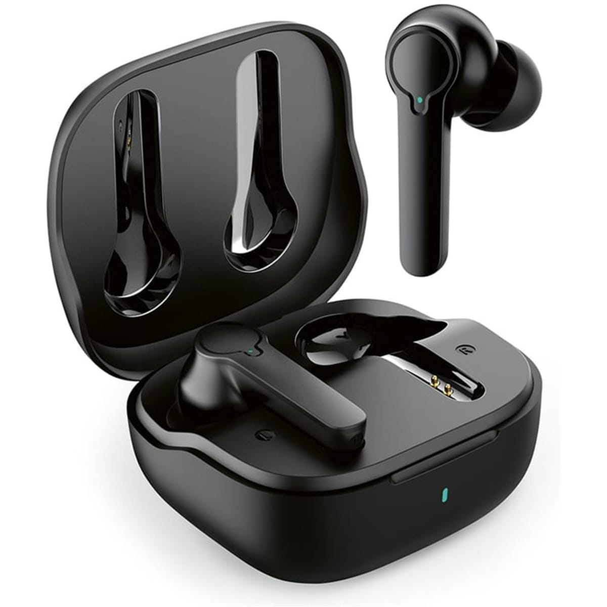 Black earbuds in a charging case with one earbud outside, featuring a sleek, modern design and a logo.