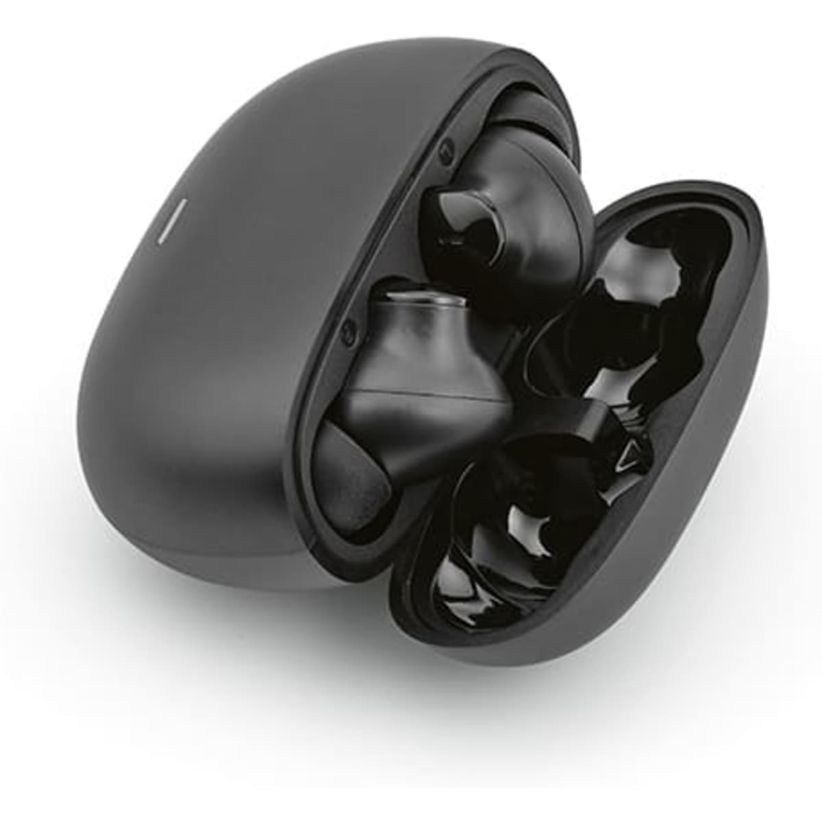 A pair of black earbuds resting in a charging case, featuring a sleek design and a glossy finish.
