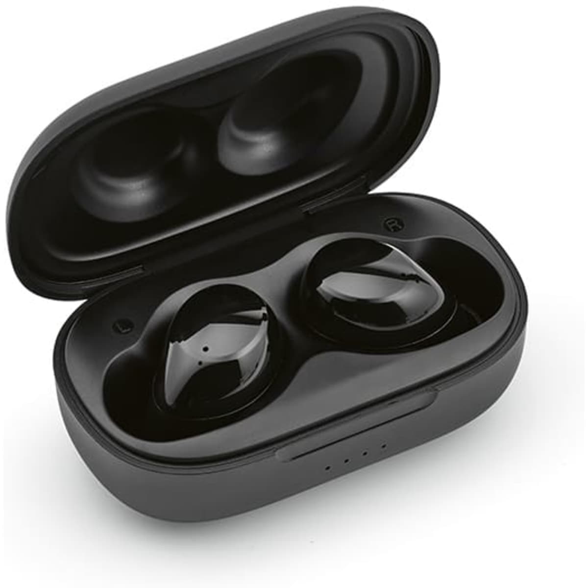 A pair of black earbuds in a compact charging case, featuring a sleek design and a logo on the case.