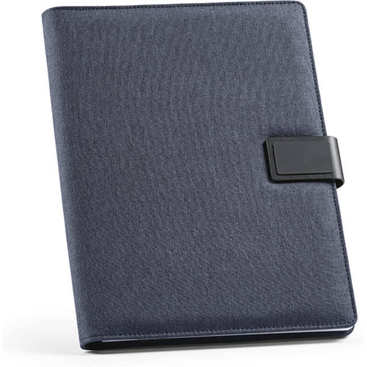 A navy A4 folder made from rPET, featuring a 64-sheet FSC® notepad and an rPU closure. It includes a logo.