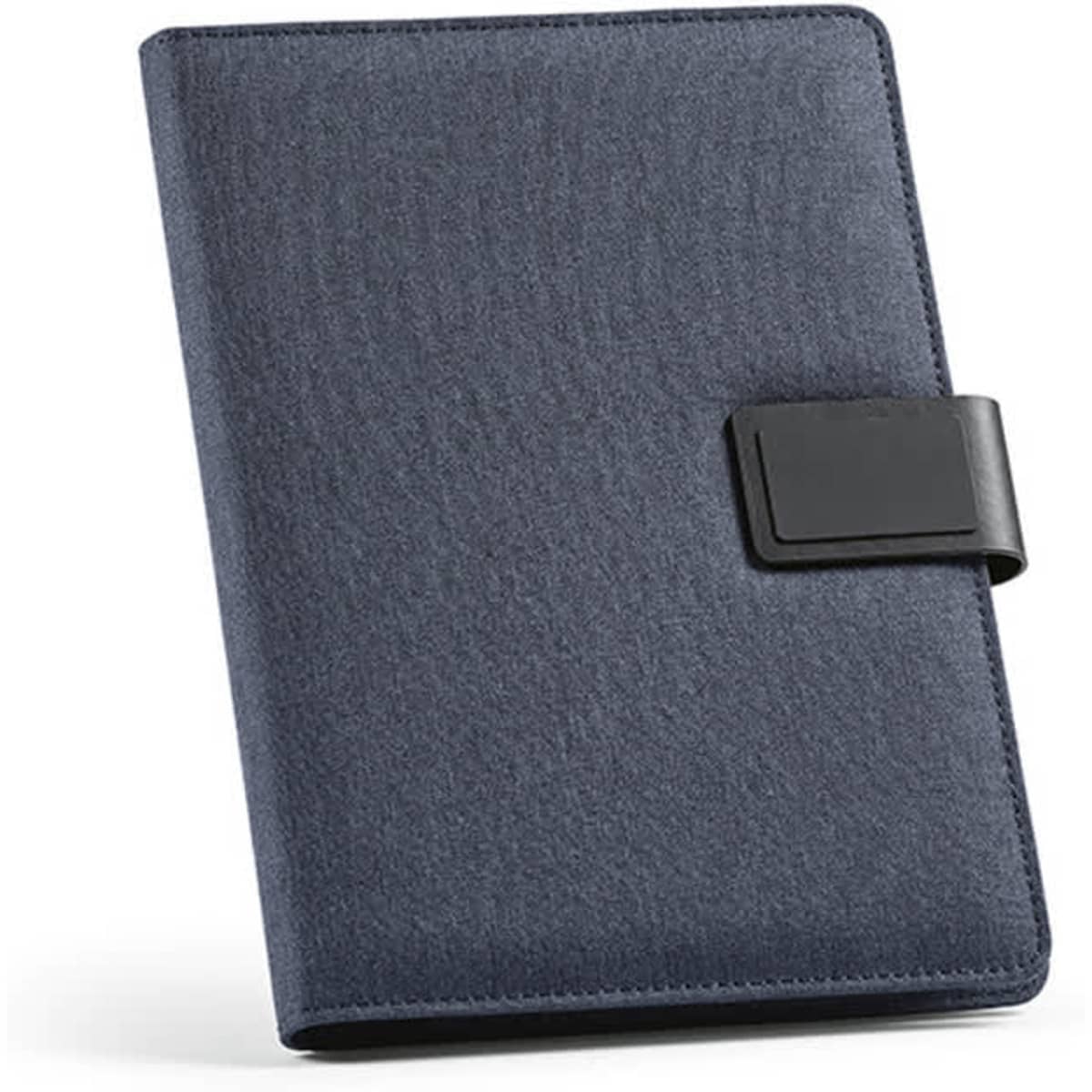 A navy blue A5 folder with a rPU closure and 64 FSC® sheet notepad inside. It features a small logo.
