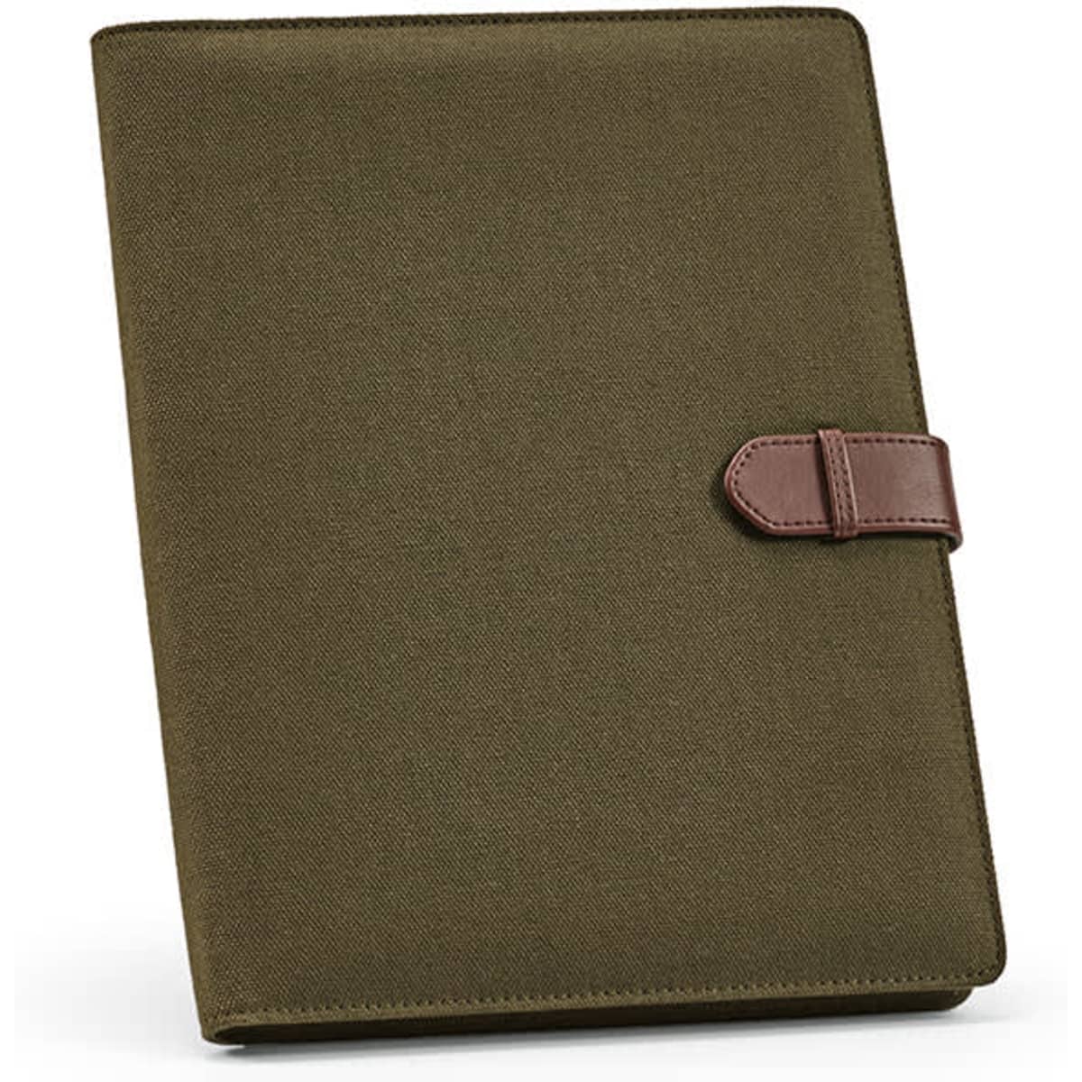 An olive green A4 folder with a brown rPU closure and containing 64 FSC® sheet notepad.